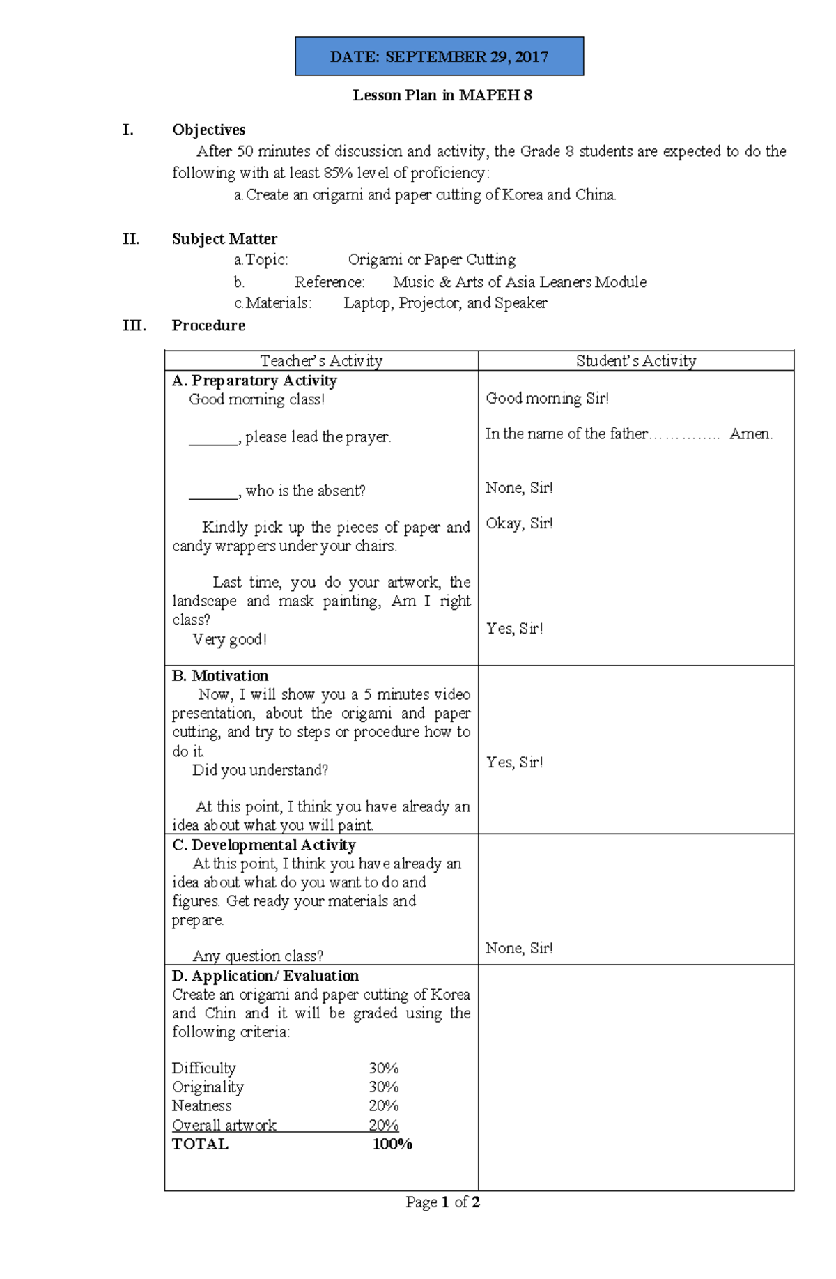 Lesson Plan in Mapeh 8 - Sample dll - Lesson Plan in MAPEH 8 I ...