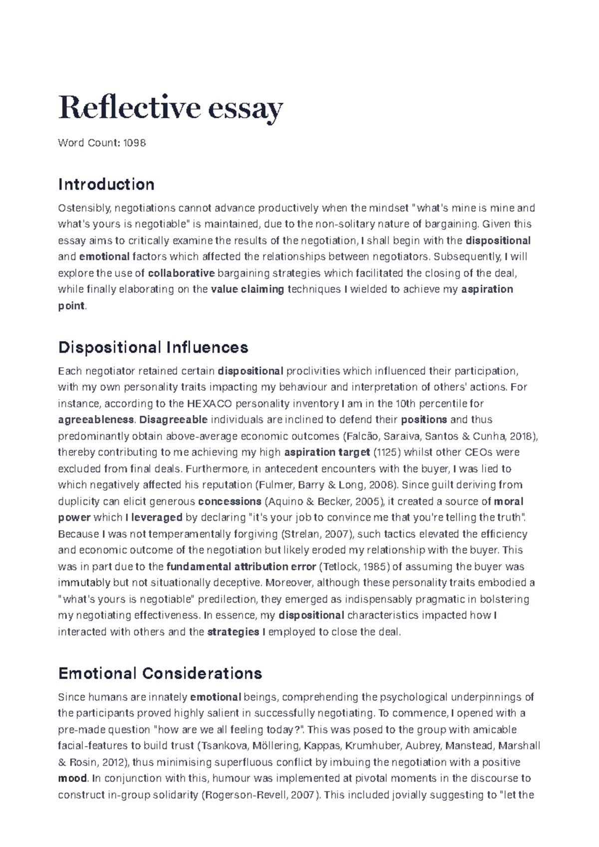 Assignment 1 - Example Document for Course - Reective essay Word Count ...