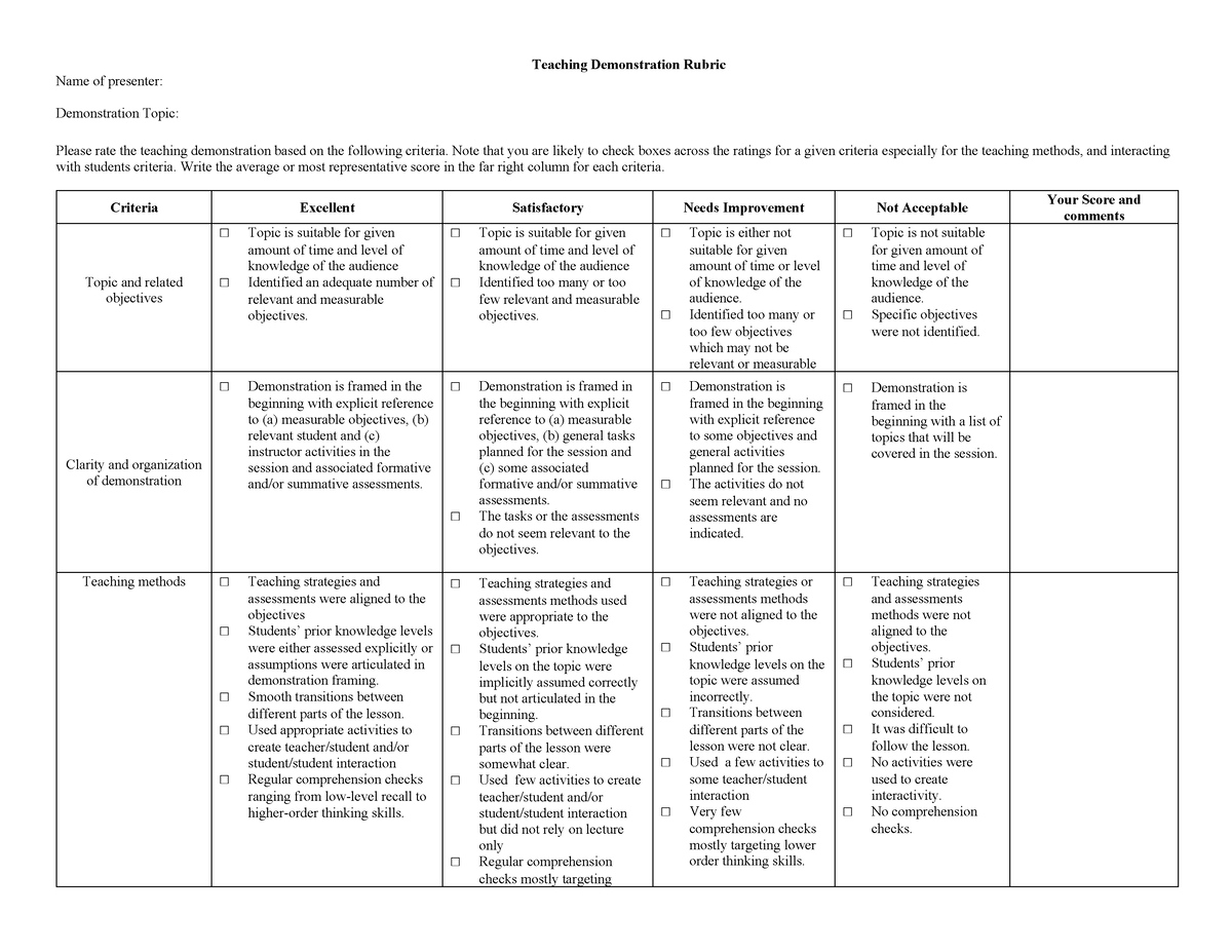 Teaching Demonstration Rubric - Note that you are likely to check boxes ...