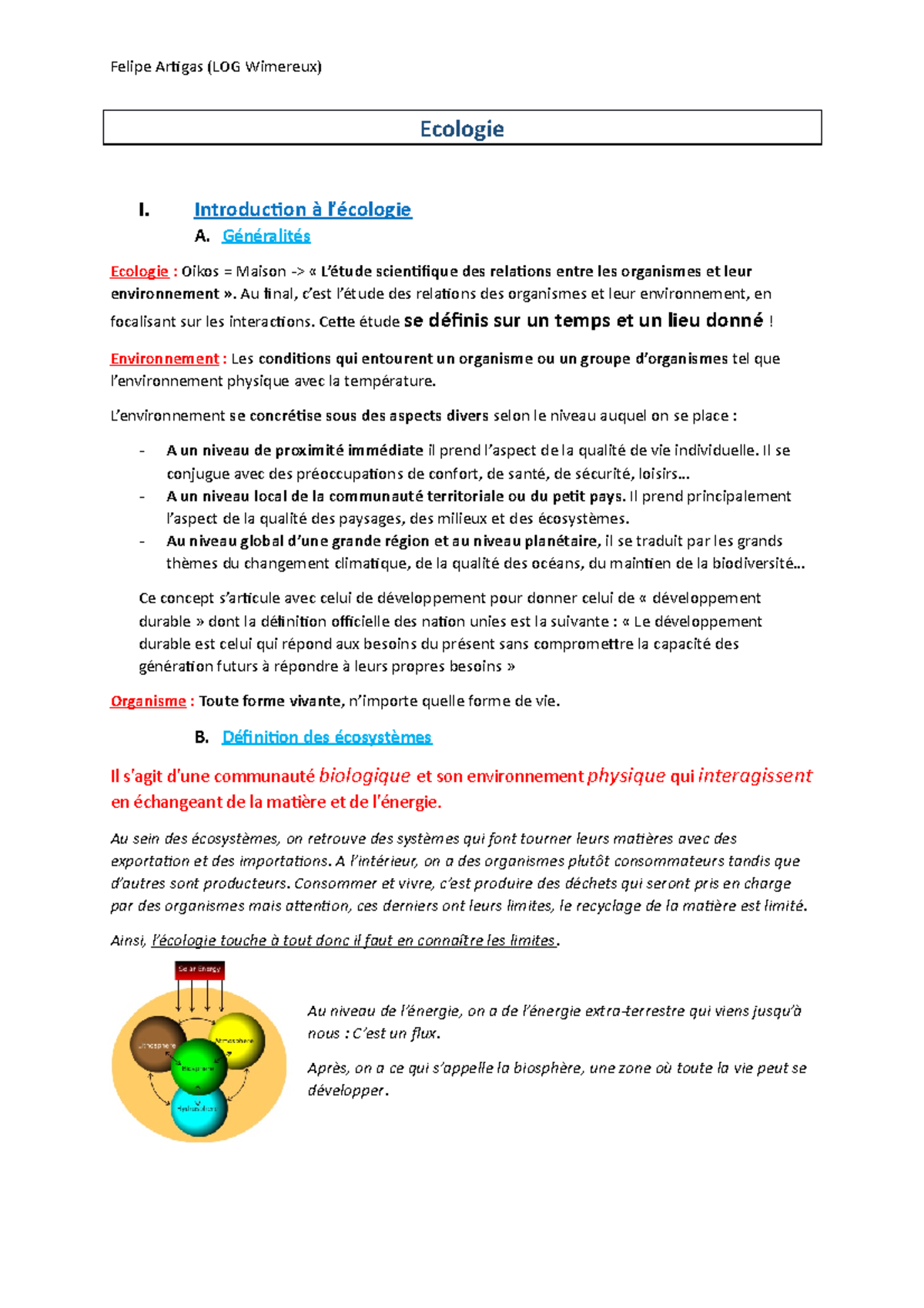 Prise De Notes écologie - Ecologie I. Introduction à L’écologie A ...