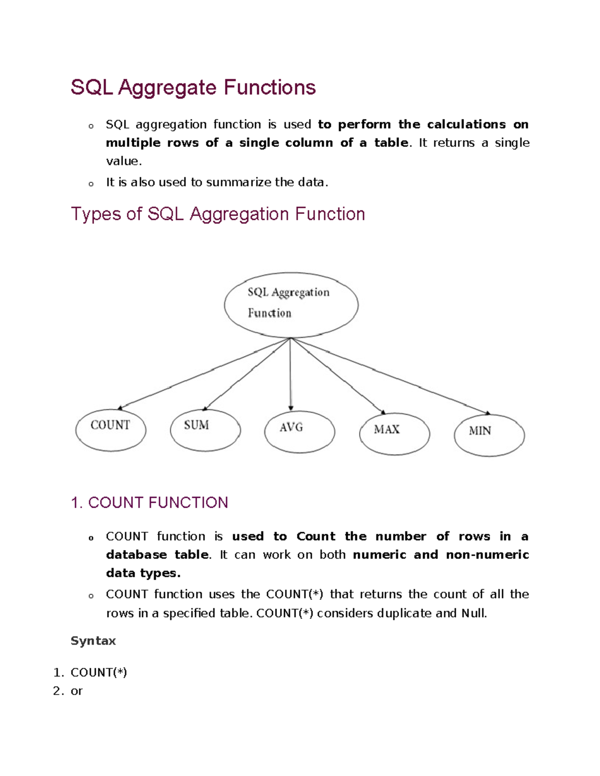 Unit 4 & 5 SQL Aggregate Fns Joins Plsql - SQL Aggregate Functions o ...