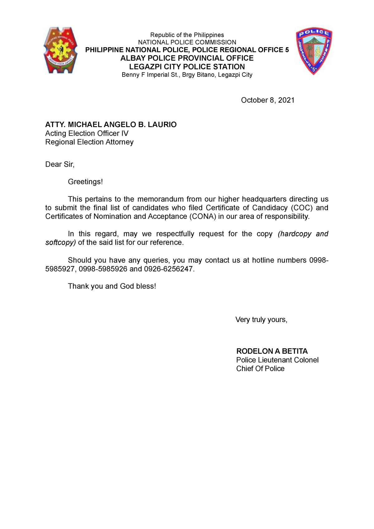 application letter comelec