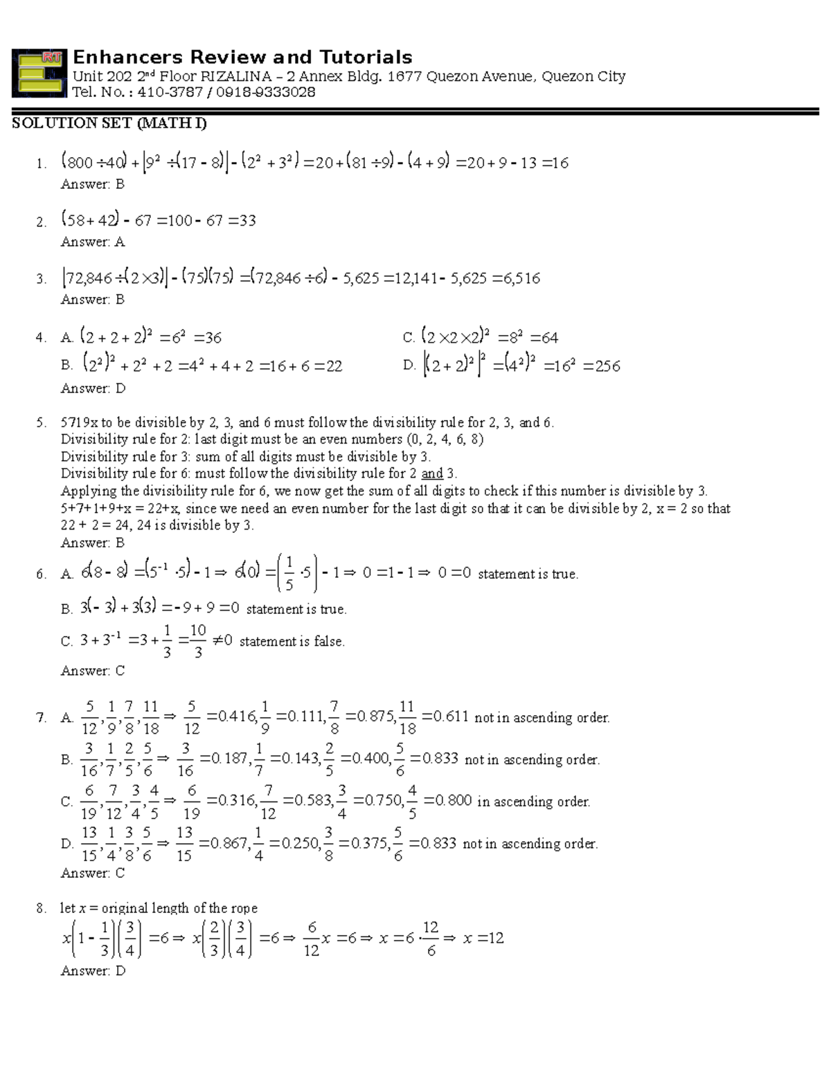 Basic Math Solution Set - Unit 202 2 nd Floor RIZALINA – 2 Annex Bldg ...