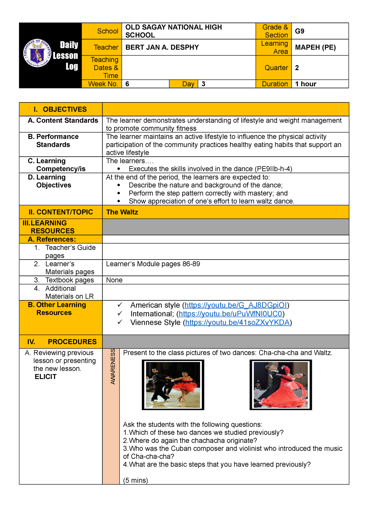 Q2-COT-LP PE9 (The Waltz) - Daily Lesson Log School OLD SAGAY NATIONAL ...