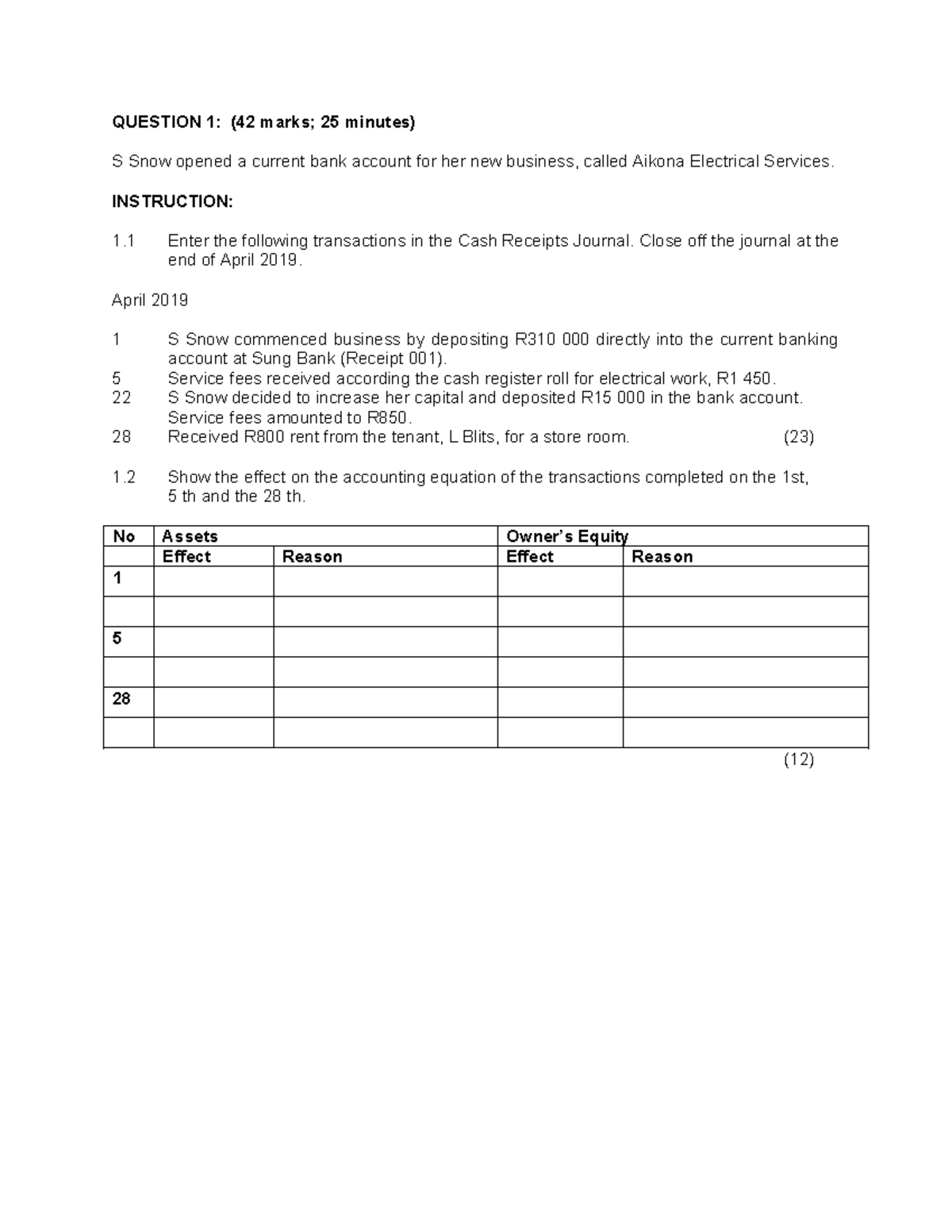 CRJ Revision - Cash Receipts Journal - QUESTION 1: (42 marks; 25 ...