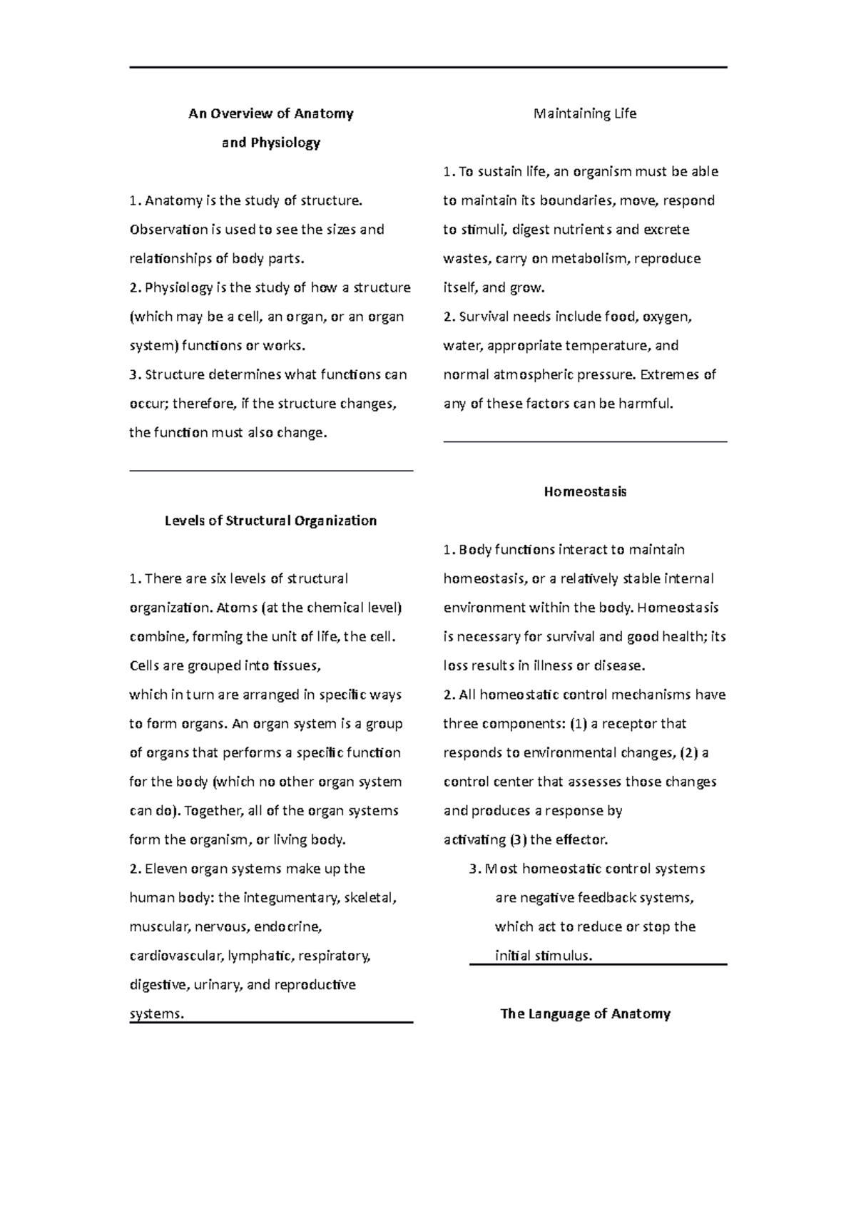 Overview of Anatomy - notes - An Overview of Anatomy and Physiology ...