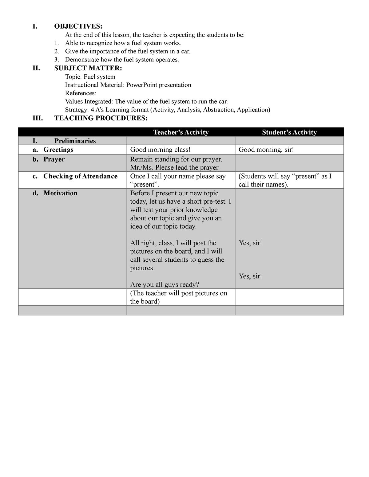 4 A's lesson plan - I. OBJECTIVES: At the end of this lesson, the ...