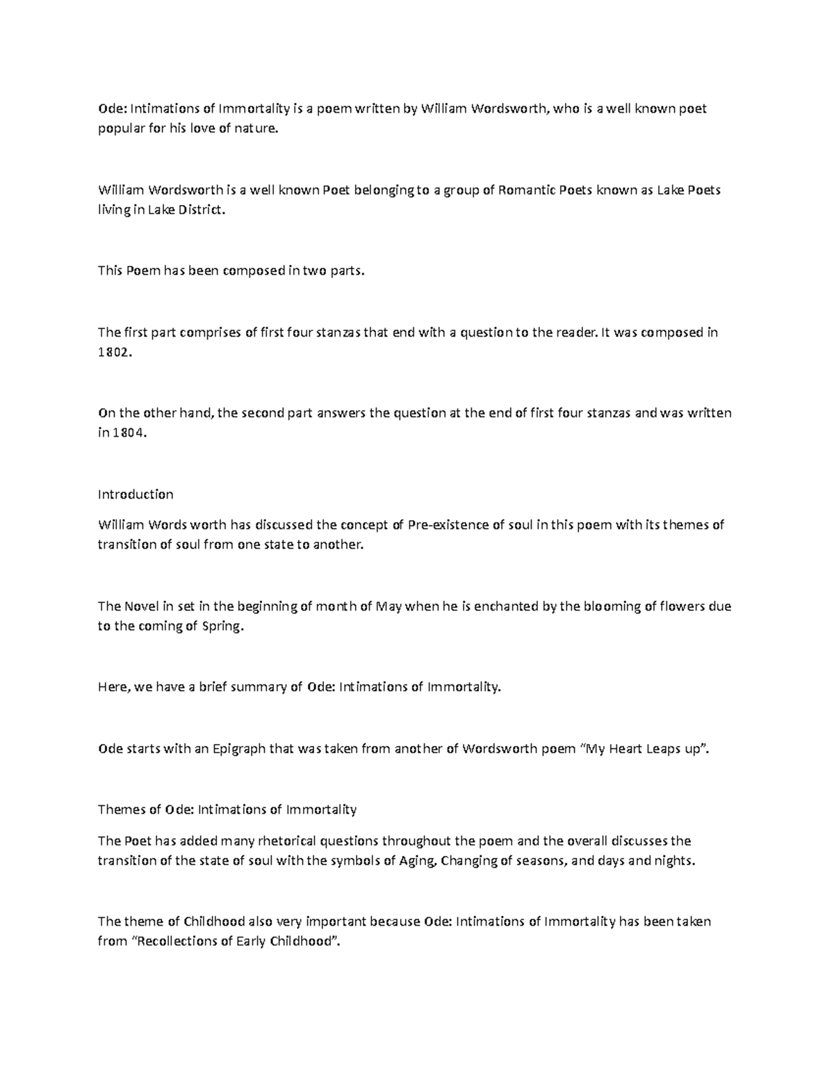 Document - Ode on intimation - Ode: Intimations of Immortality is a ...