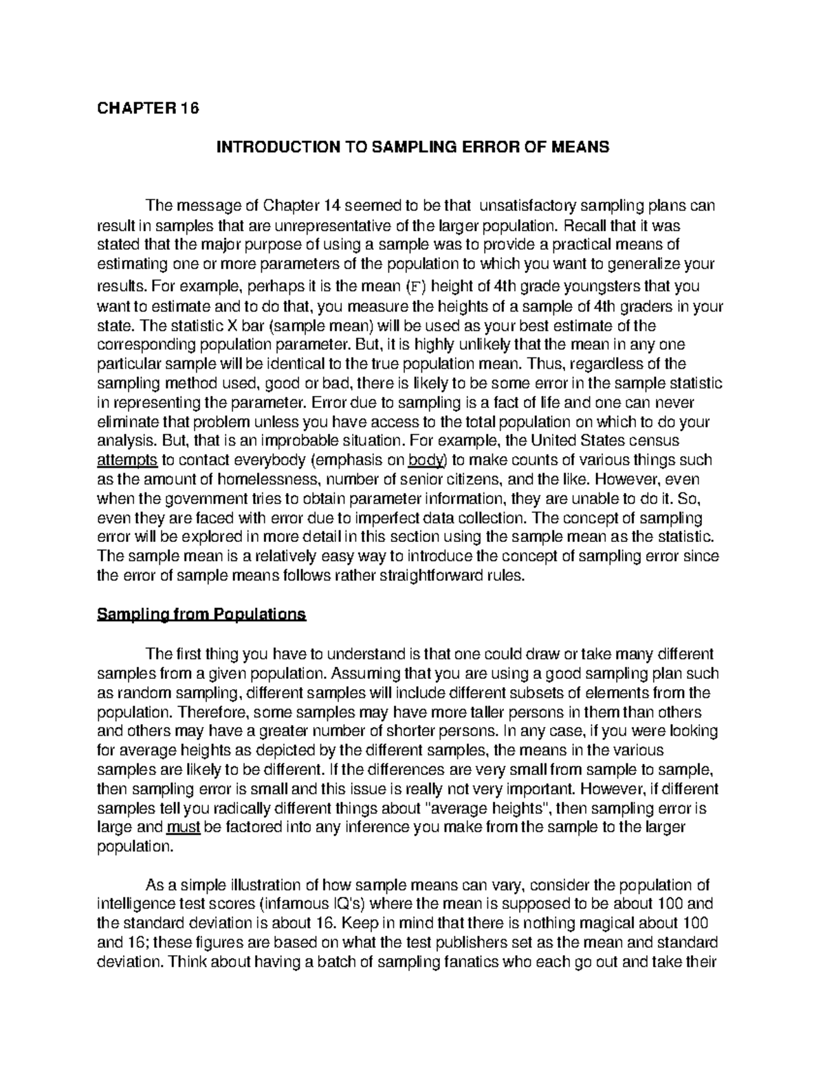 Samperr - Note - CHAPTER 16 INTRODUCTION TO SAMPLING ERROR OF MEANS The ...