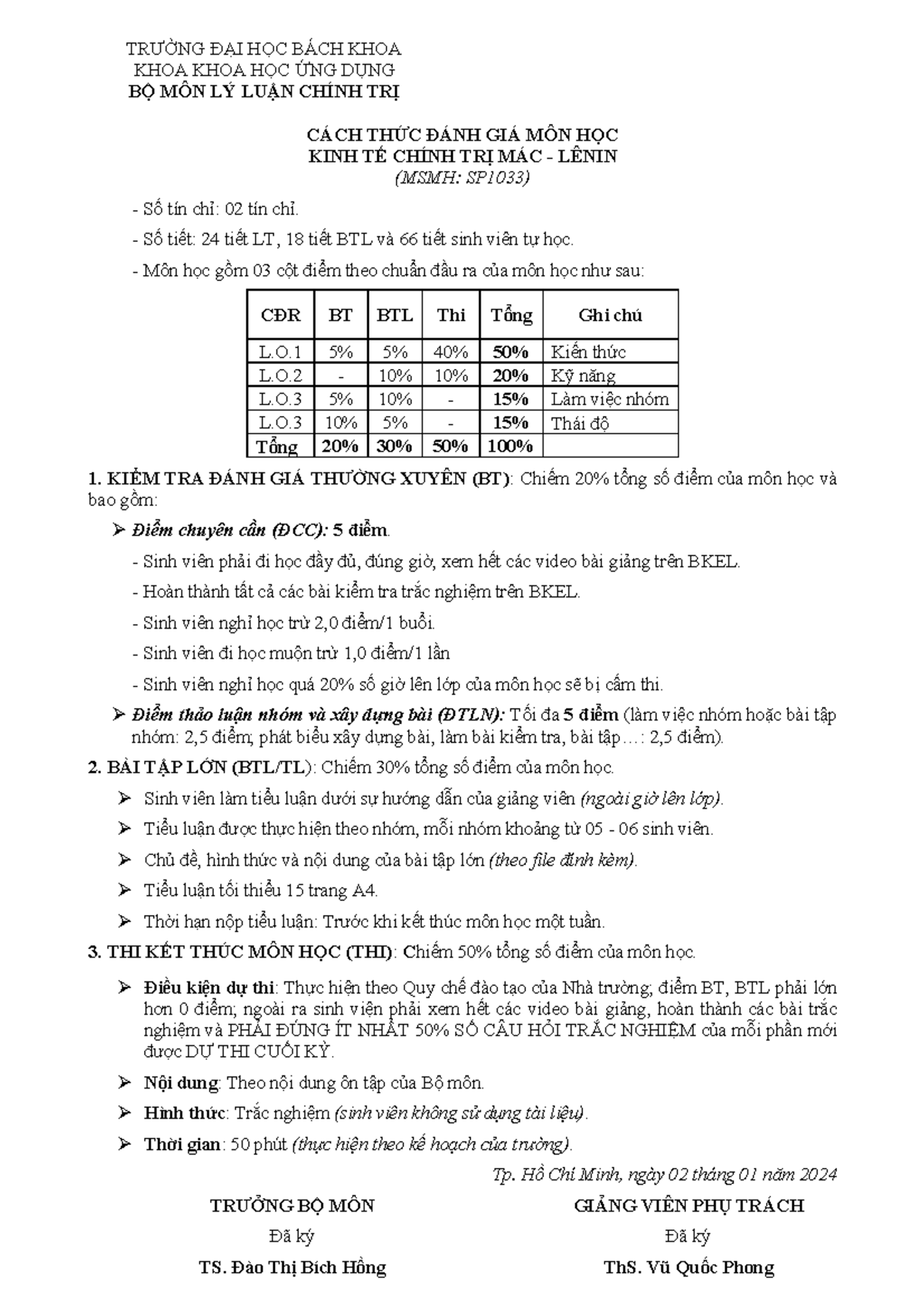 BK232 DHBK Cách thức đánh giá môn KTCTa - TRƯỜNG ĐẠI HỌC BÁCH KHOA KHOA ...