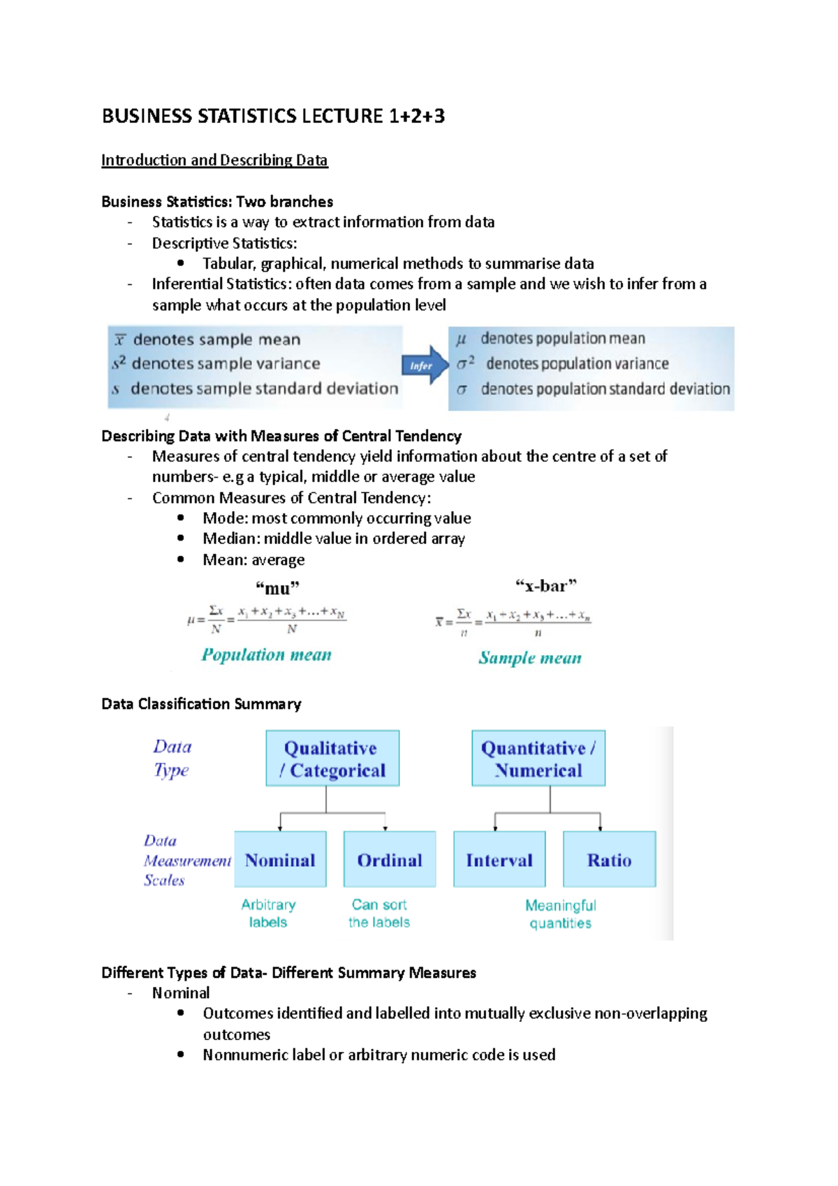 Bstats Lecture 1,2,3 - BUSINESS STATISTICS LECTURE 1+2+ Introduction ...