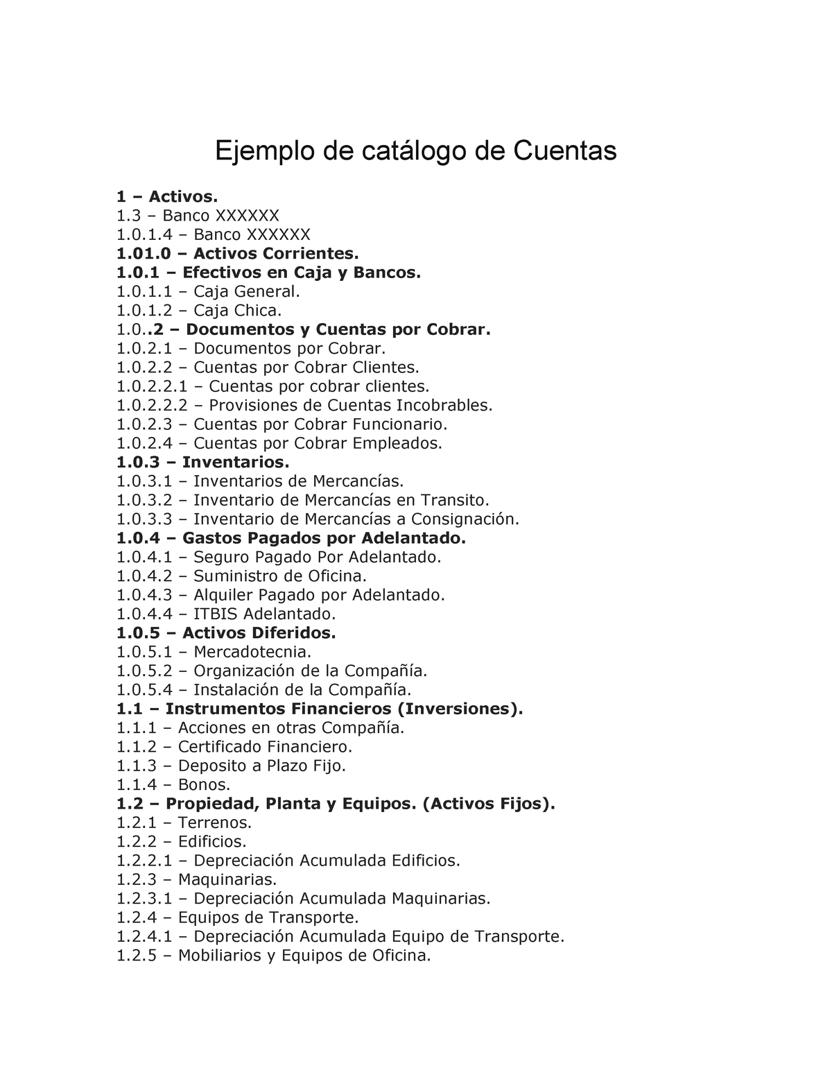 Cat Ã¡logo De Cuentas - Ejemplo De Catálogo De Cuentas 1 – Activos. 1 ...