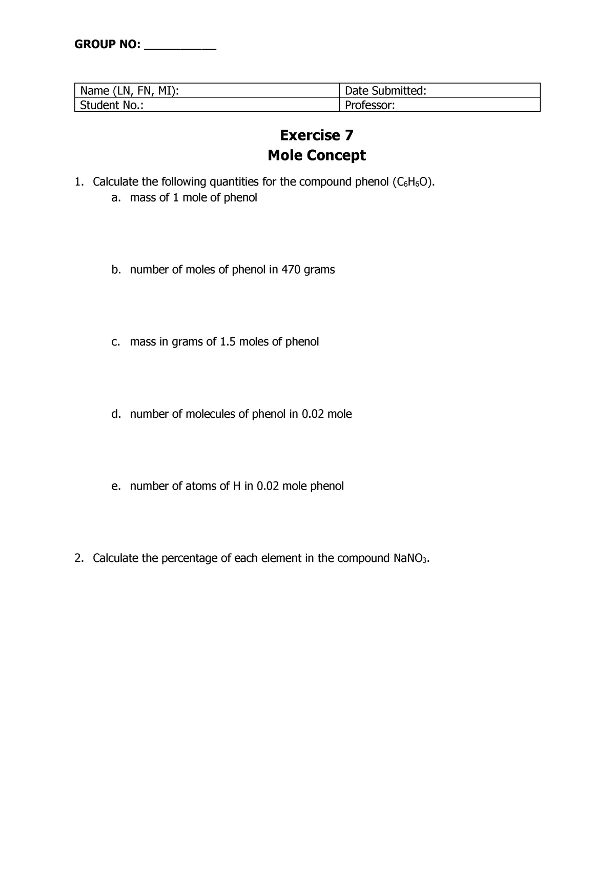 Exercise on the Mole Concept - Chemistry - UCP - Studocu