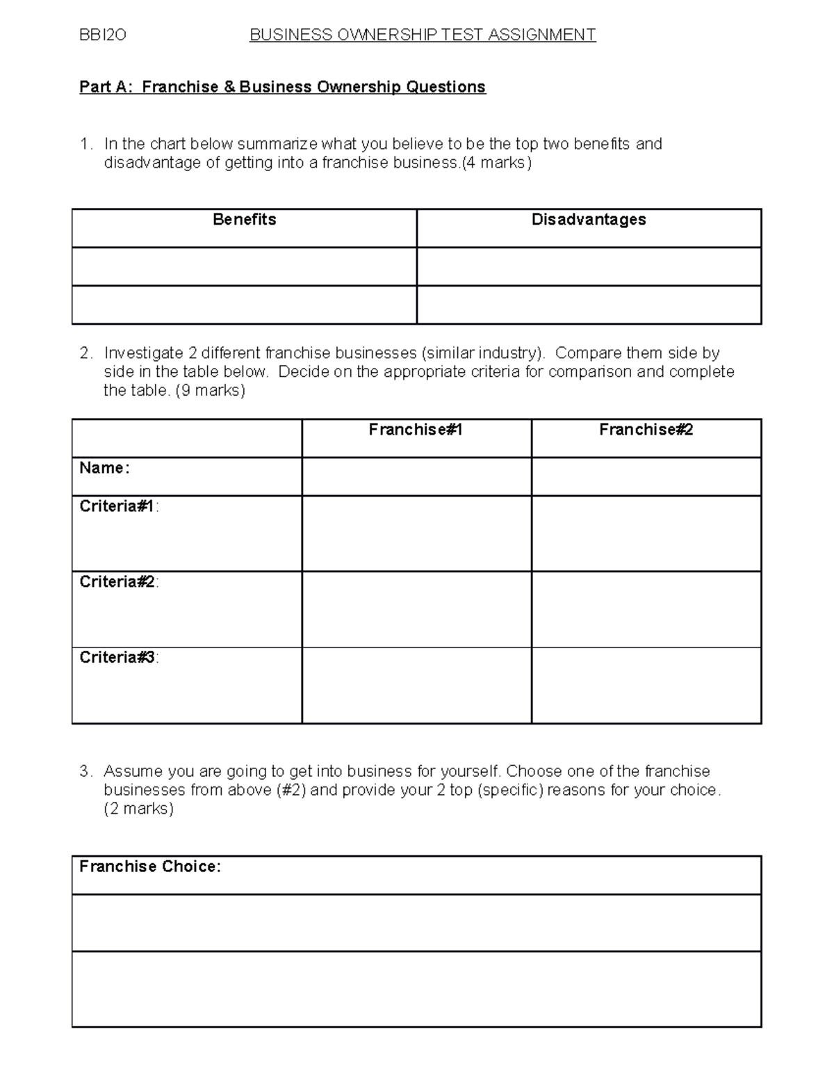 23 Biz Ownership TEST Assignment BBI2O BUSINESS OWNERSHIP TEST