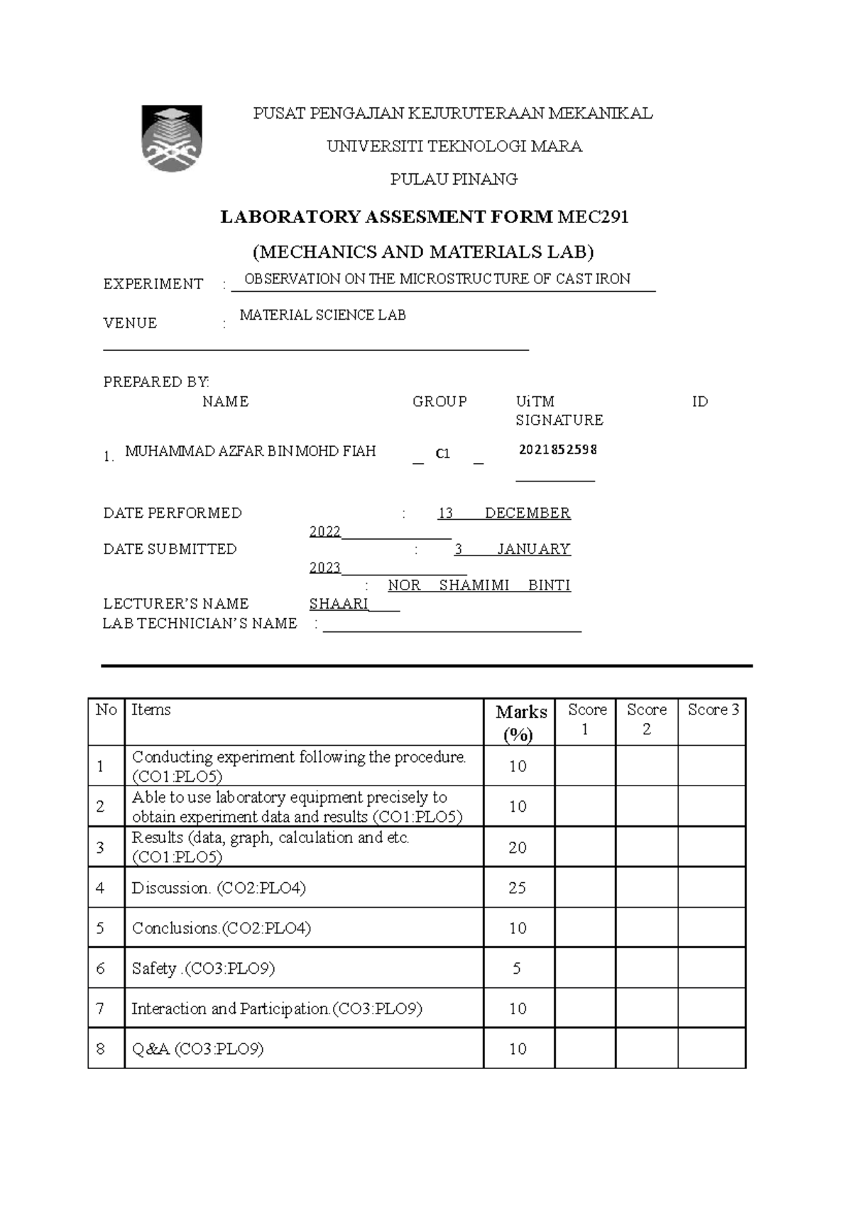 cast-iron-lab-report-pusat-pengajian-kejuruteraan-mekanikal