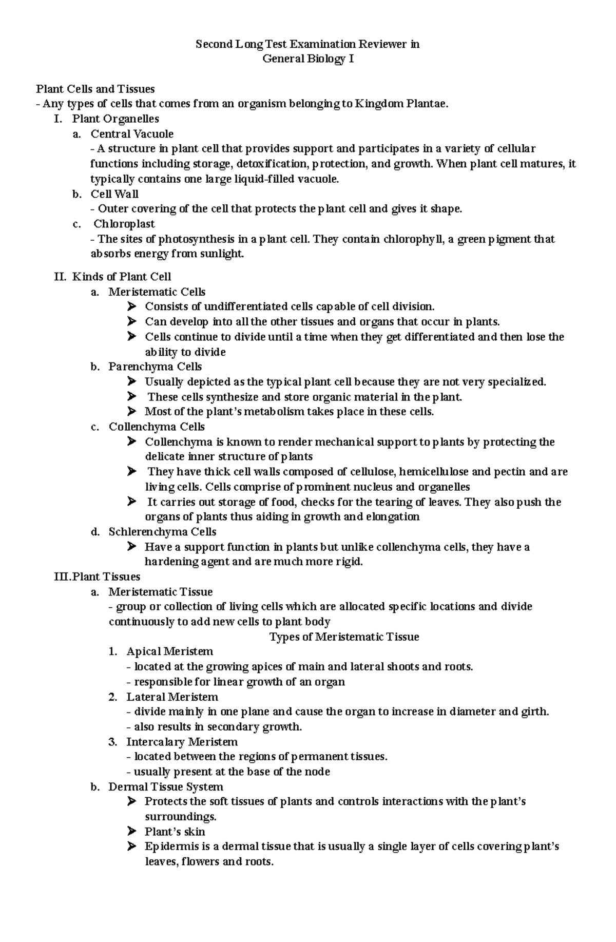 Second Long Test Examination Reviewer - I. Plant Organelles a. Central ...