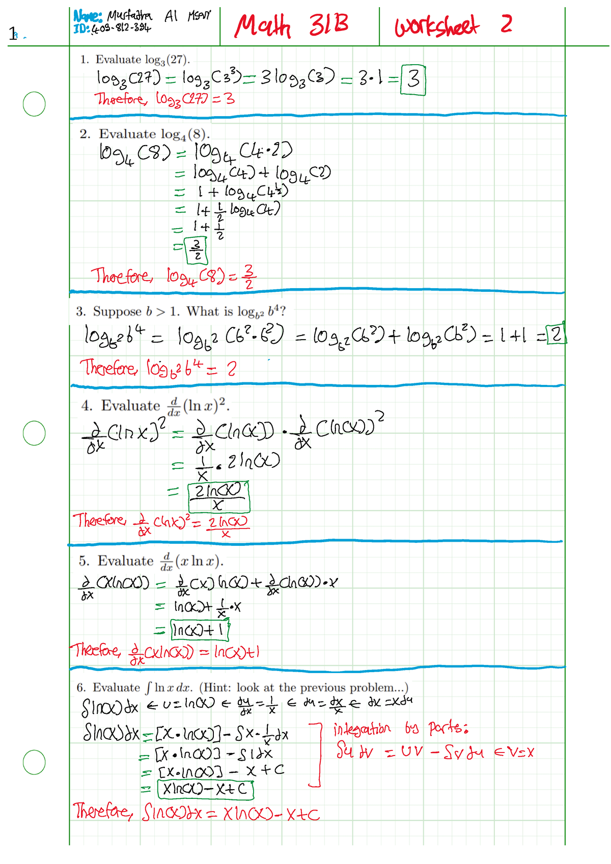 Math 31B - Worksheet 2 - Professor Andrews - MATH 31B - ϭ Ϯ - Studocu