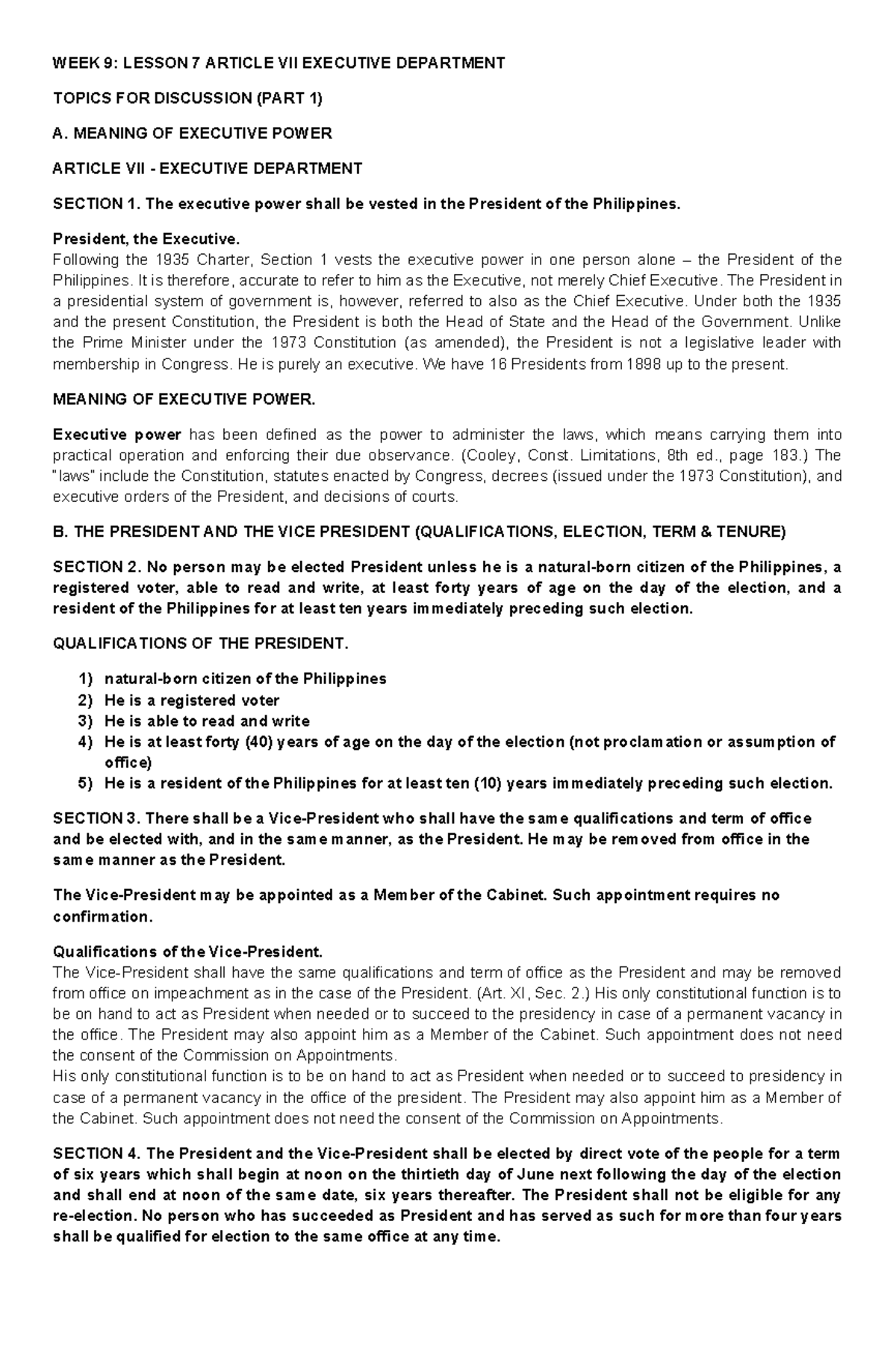WEEK+9 Article+VII+ Executive+ Department - WEEK 9: LESSON 7 ARTICLE ...
