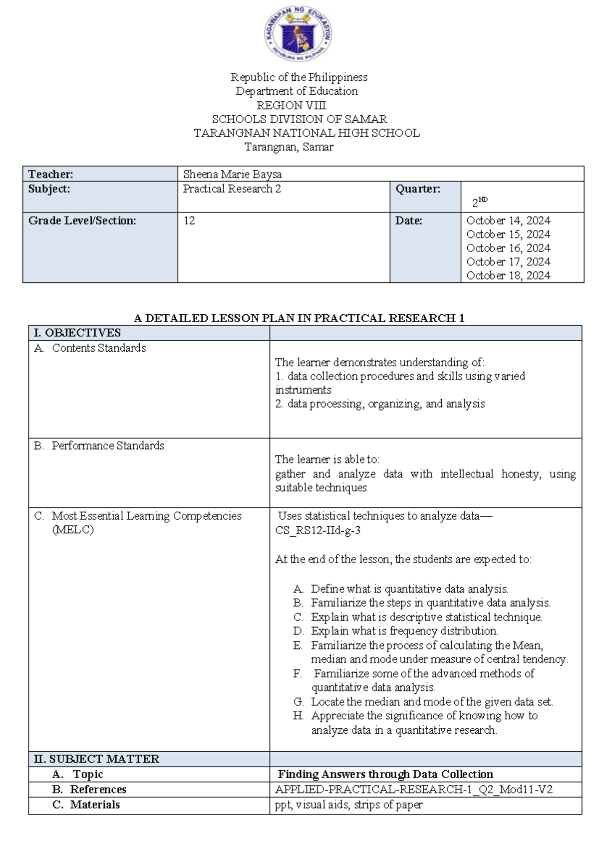 Quanitative data analysis - Republic of the Philippiness Department of ...