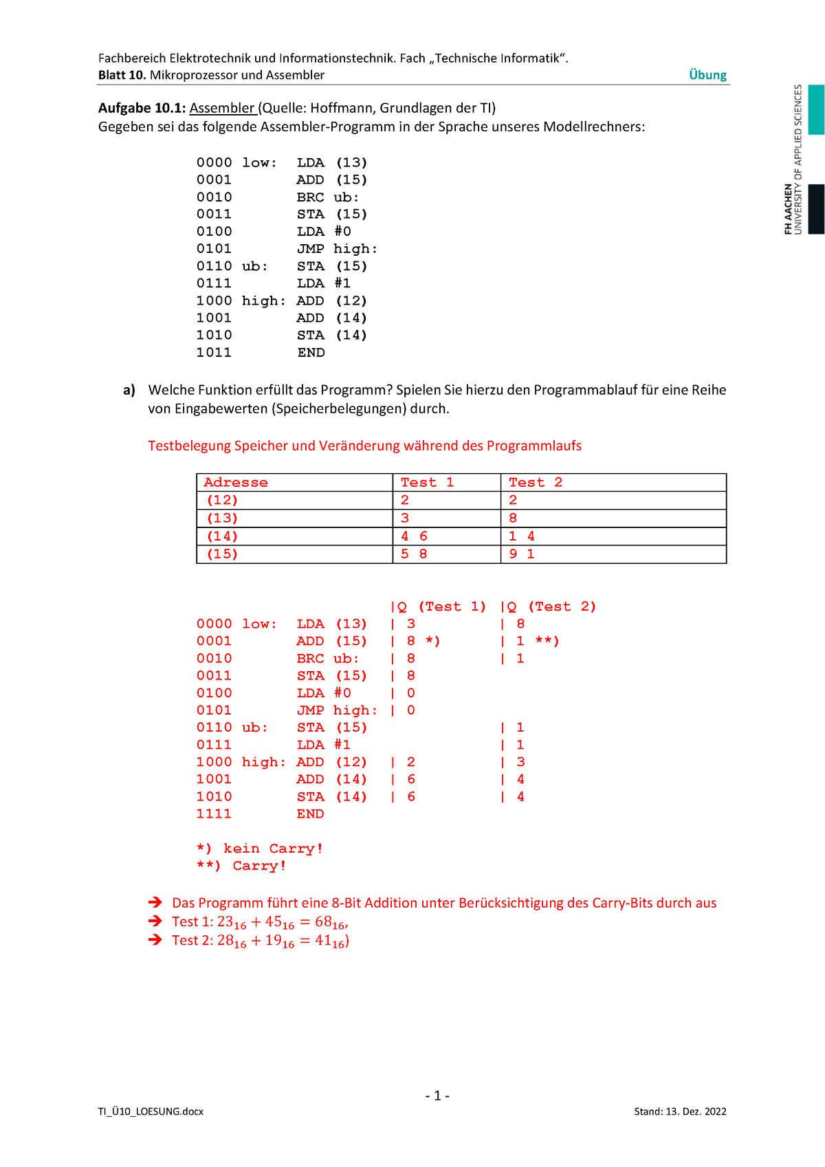 Ti Ue Loesung Verlessung Blatt Mikroprozessor Und Assembler Bung Aufgabe