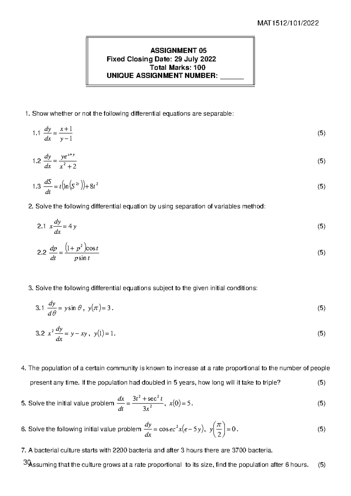 MAT1512 TL101 0 2022 Assignment 5 - MAT1512/101/ 30 ASSIGNMENT 05 Fixed ...