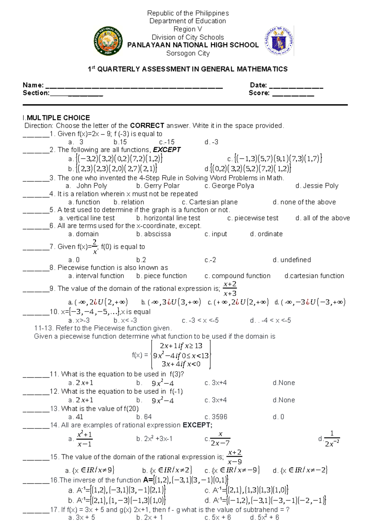 Genmathv 2 - math exam - ####### Republic of the Philippines ...