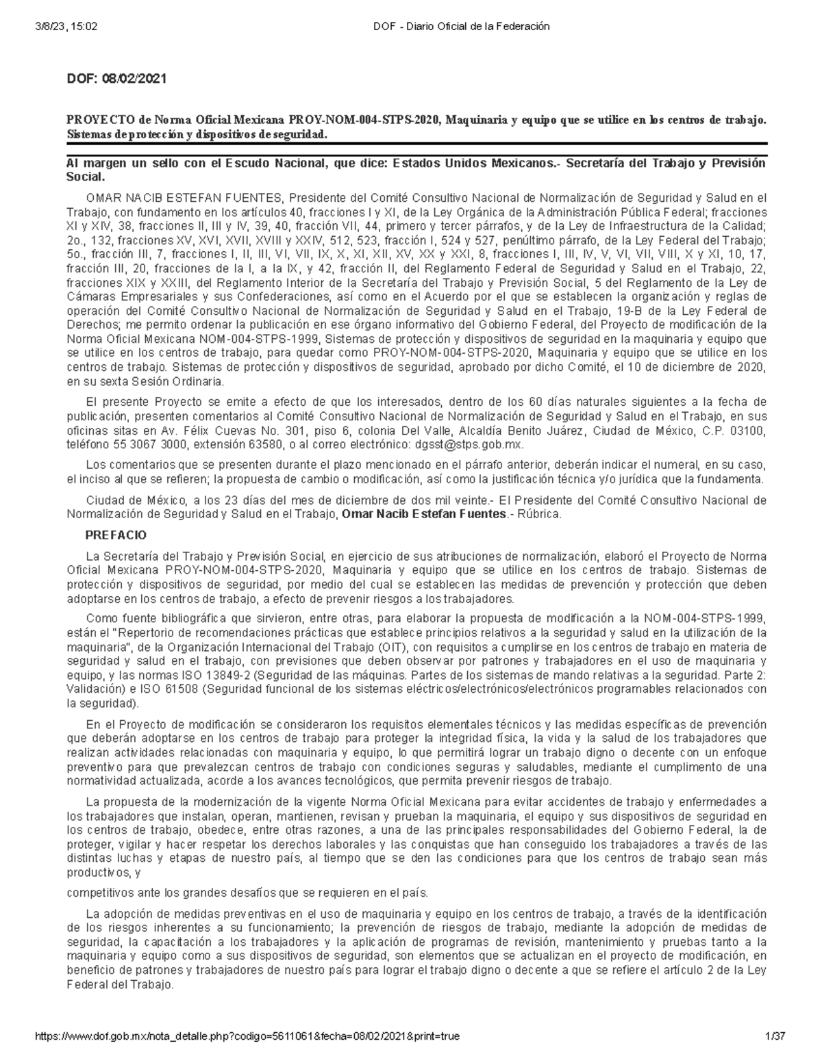 DOF - Diario Oficial De La Federaci N - DOF: 08/02/ PROYECTO De Norma ...