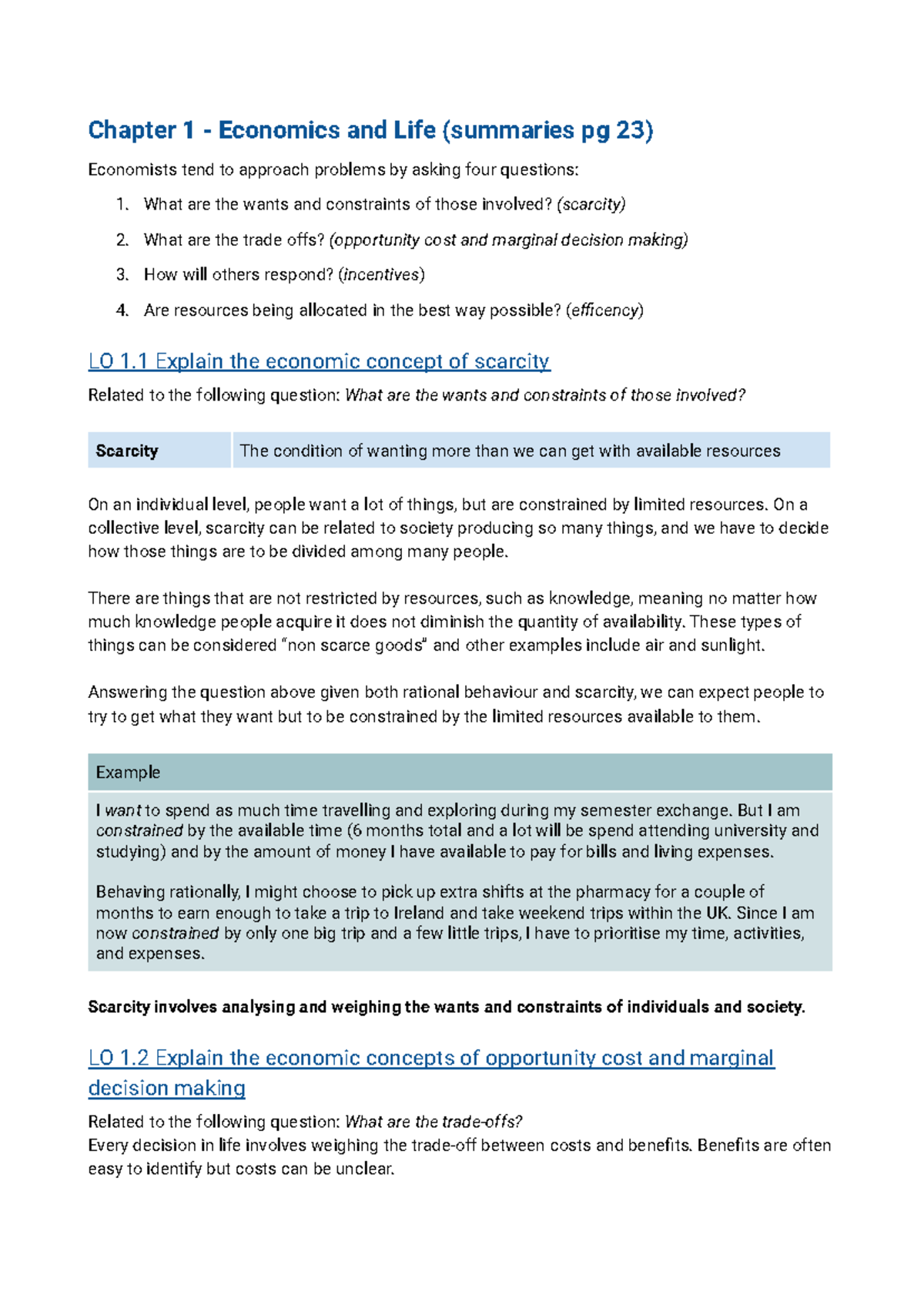 ECON1001 Notes Chapter 1 - Chapter 1 - Economics and Life (summaries pg ...