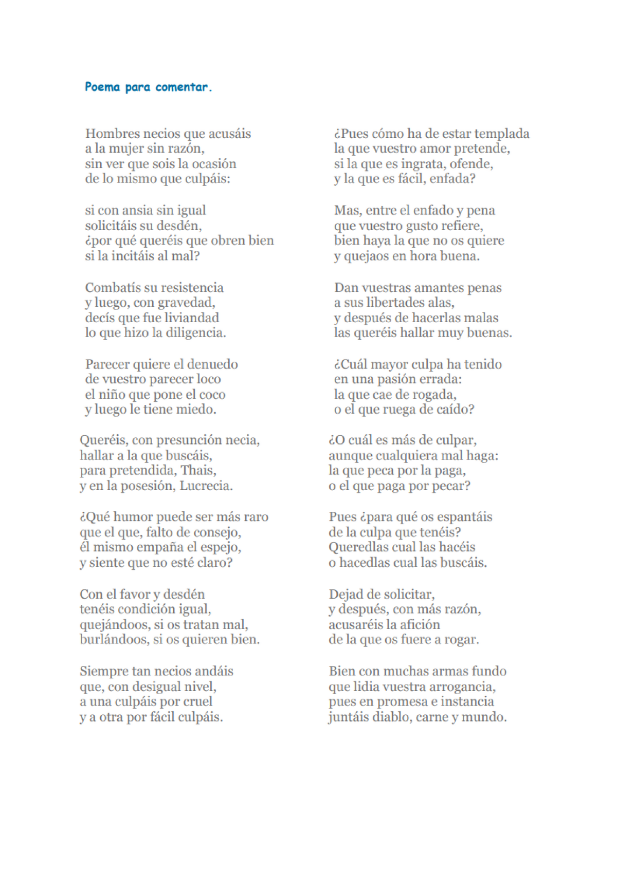 déficit Paraíso pastel Comentario Juana Inés de la Cruz - Comentario de texto Este poema es de  Juana Inés de la Cruz del - Studocu