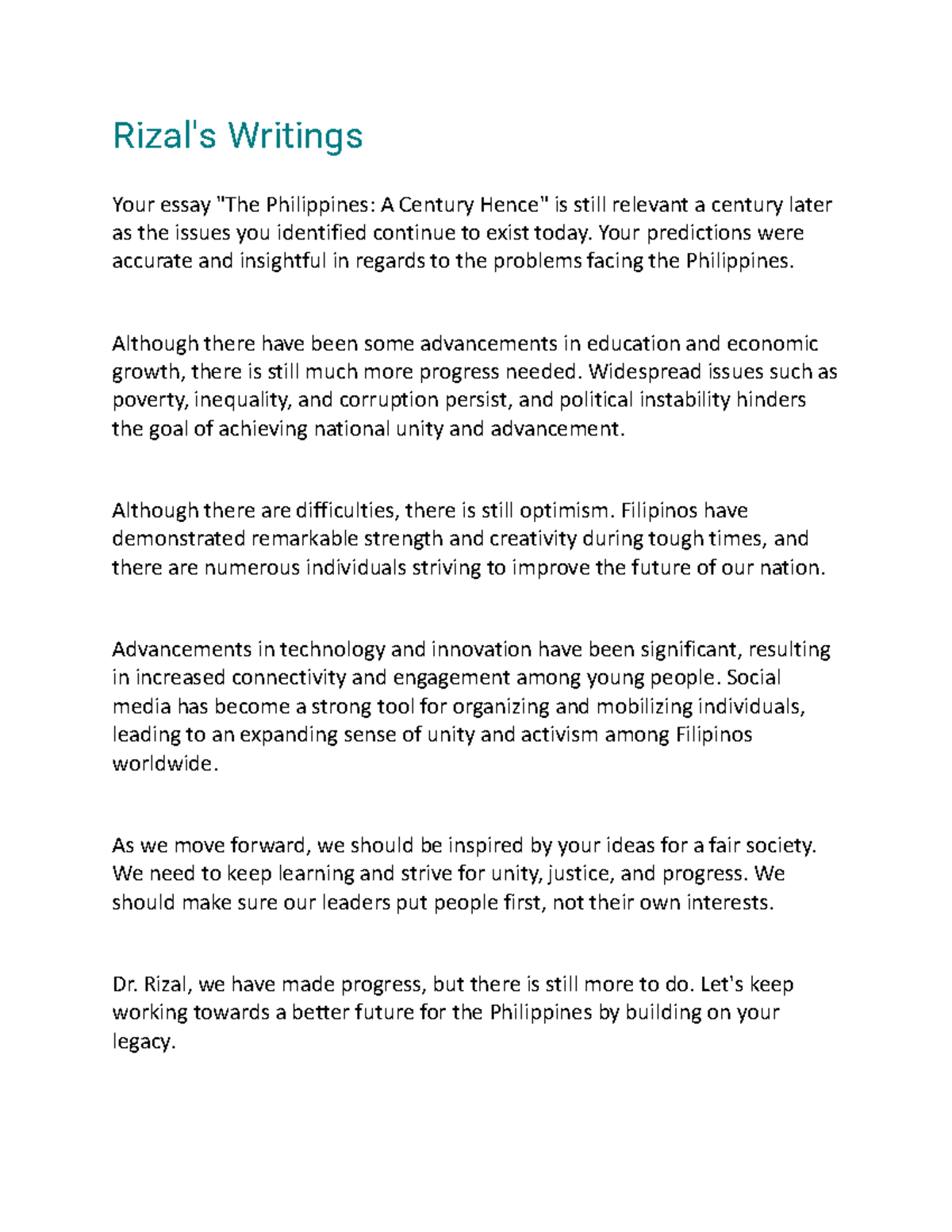 Rizal's Writings - tnx - Rizal's Writings Your essay 