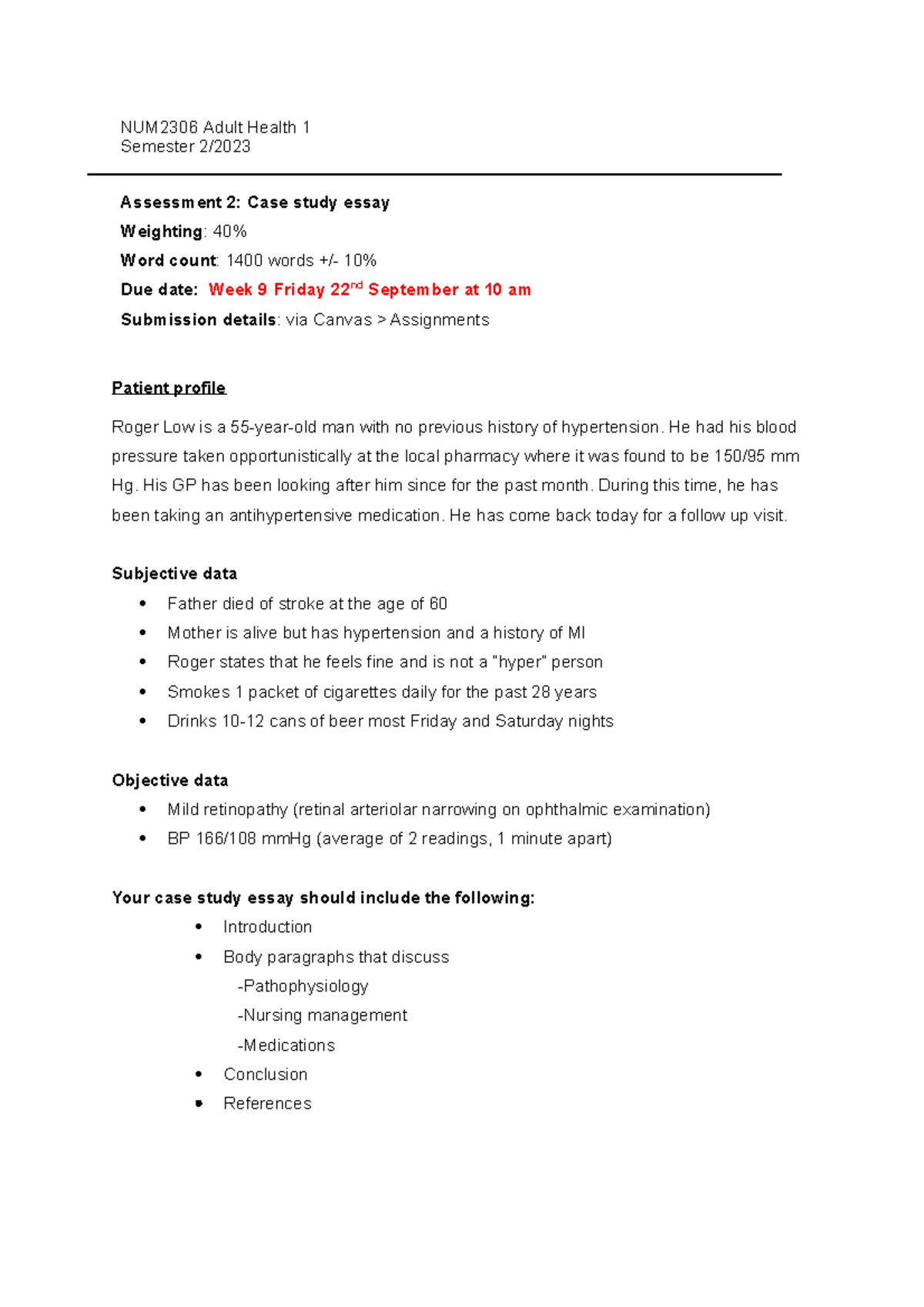 2023 S2 Assignment 2 case scenario and rubric-1 - NUM 2306 Adult Health ...