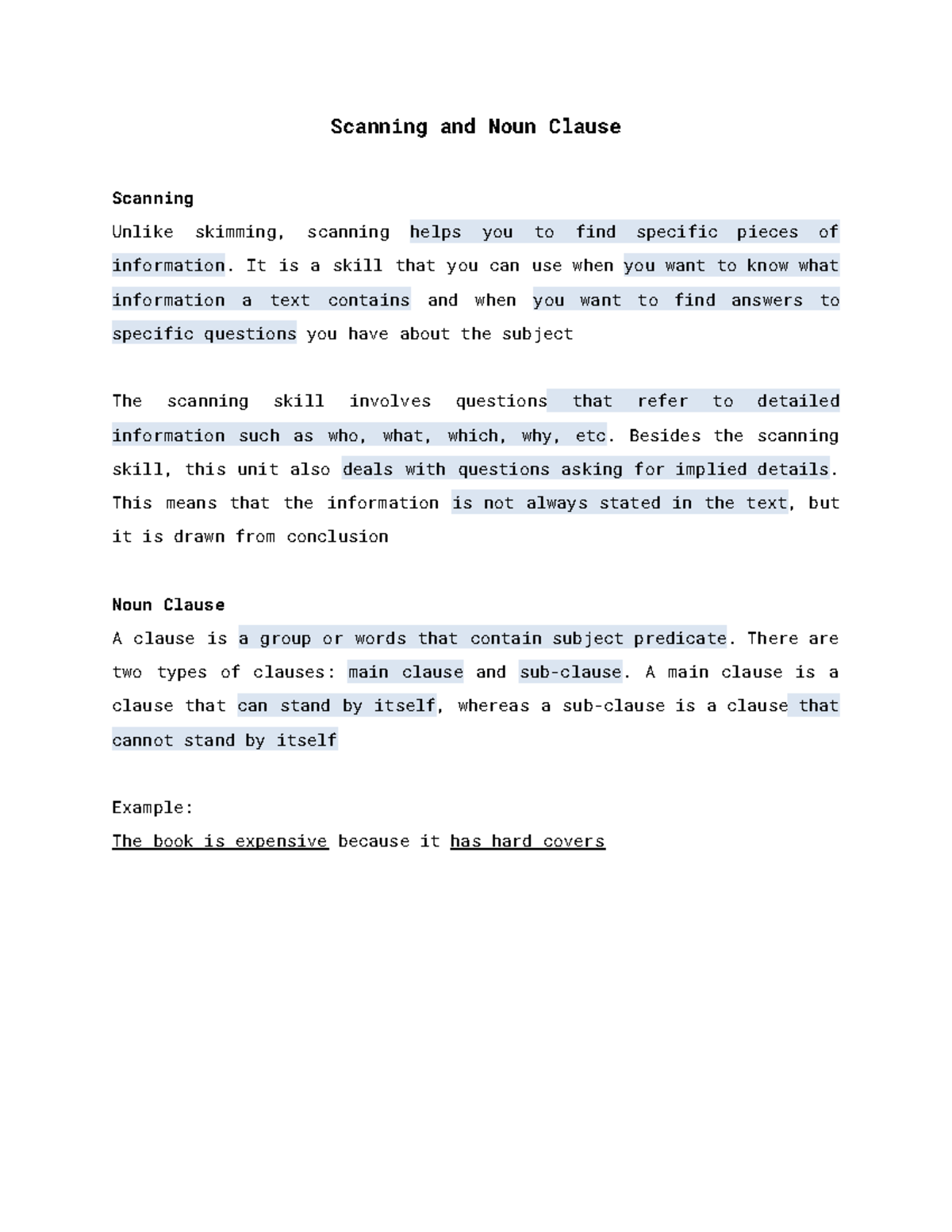 Scanning and Noun Clause - Scanning and Noun Clause Scanning Unlike ...