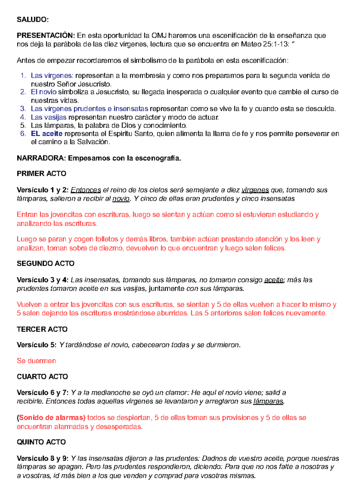 LAS 10 Virgenes Libreto - SALUDO: PRESENTACIÓN: En esta oportunidad la OMJ  haremos una - Studocu