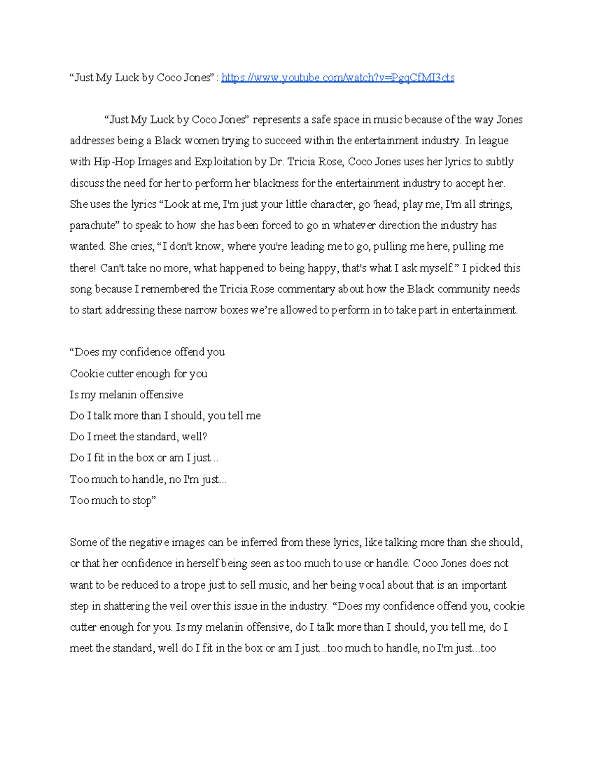 Discussion Post Soc 340 “Just My Luck by Coco Jones” youtube/watch?v