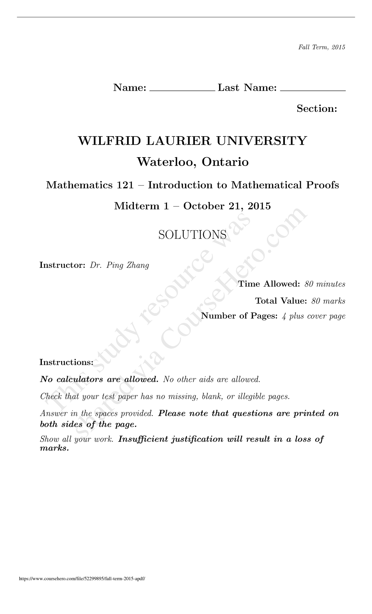Exam Autumn 2015, questions and answers - Fall Term, 2015 Name: Last ...