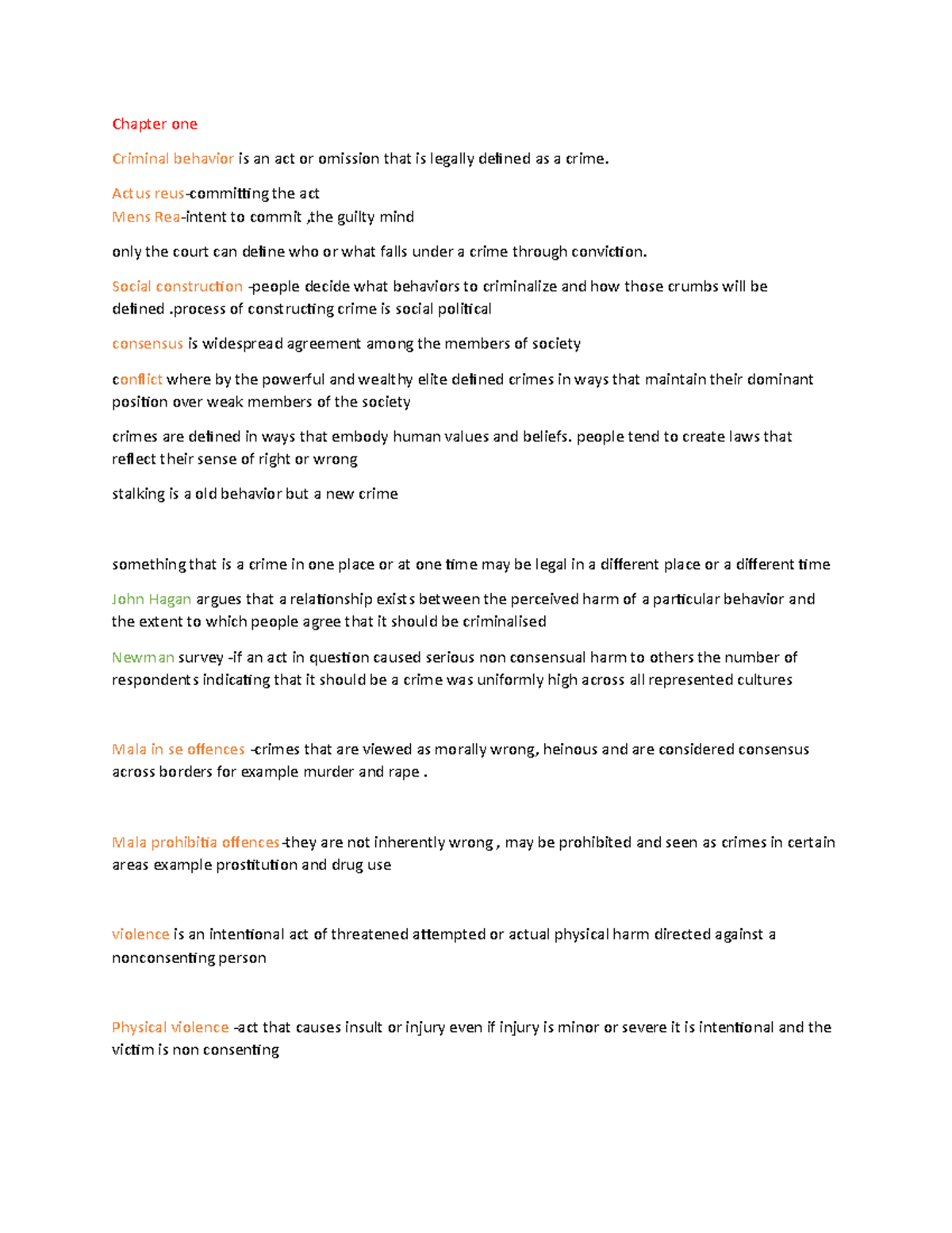 Crim2251 exam notes - Chapter one Criminal behavior is an act or ...