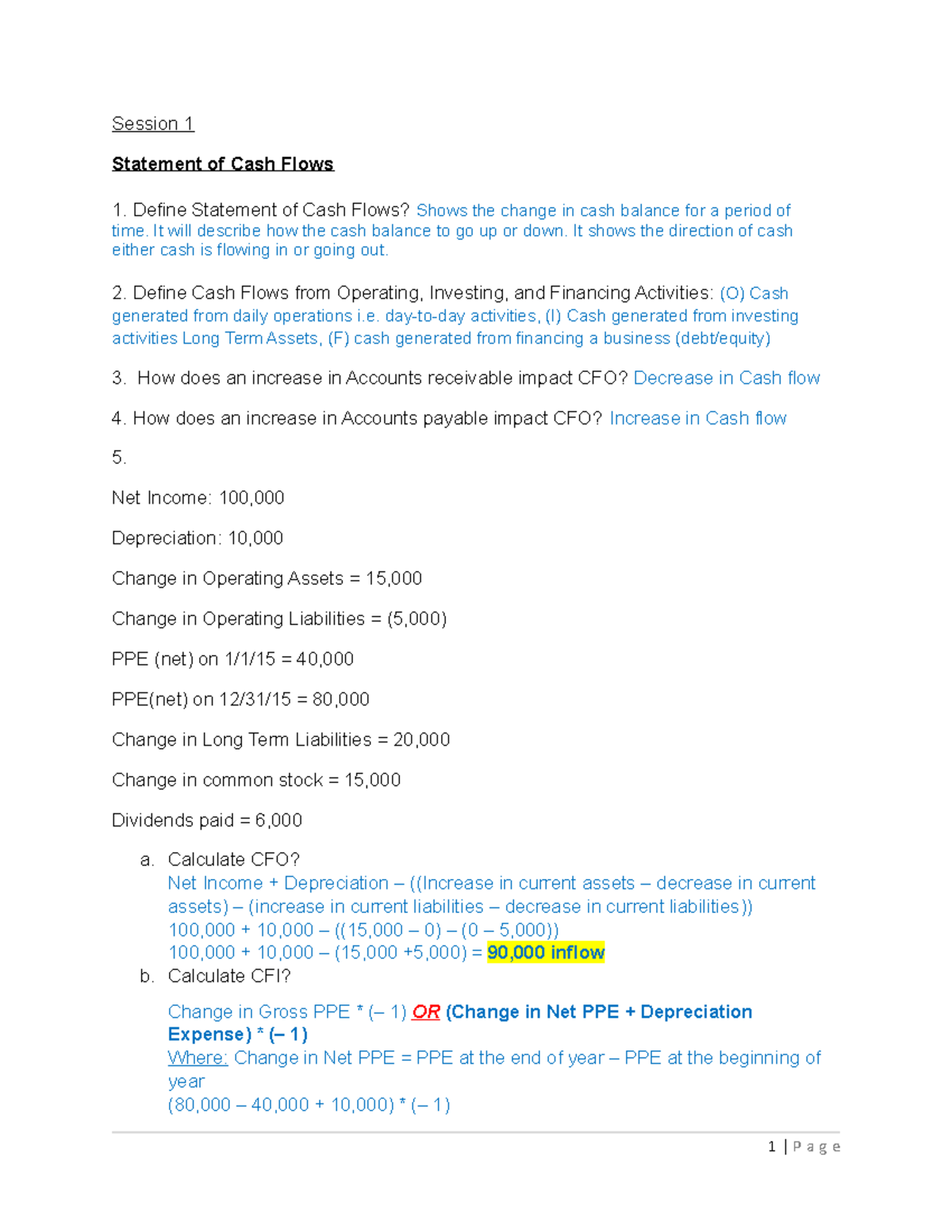 Practice test - N/A - Session 1 Statement of Cash Flows 1. Define ...