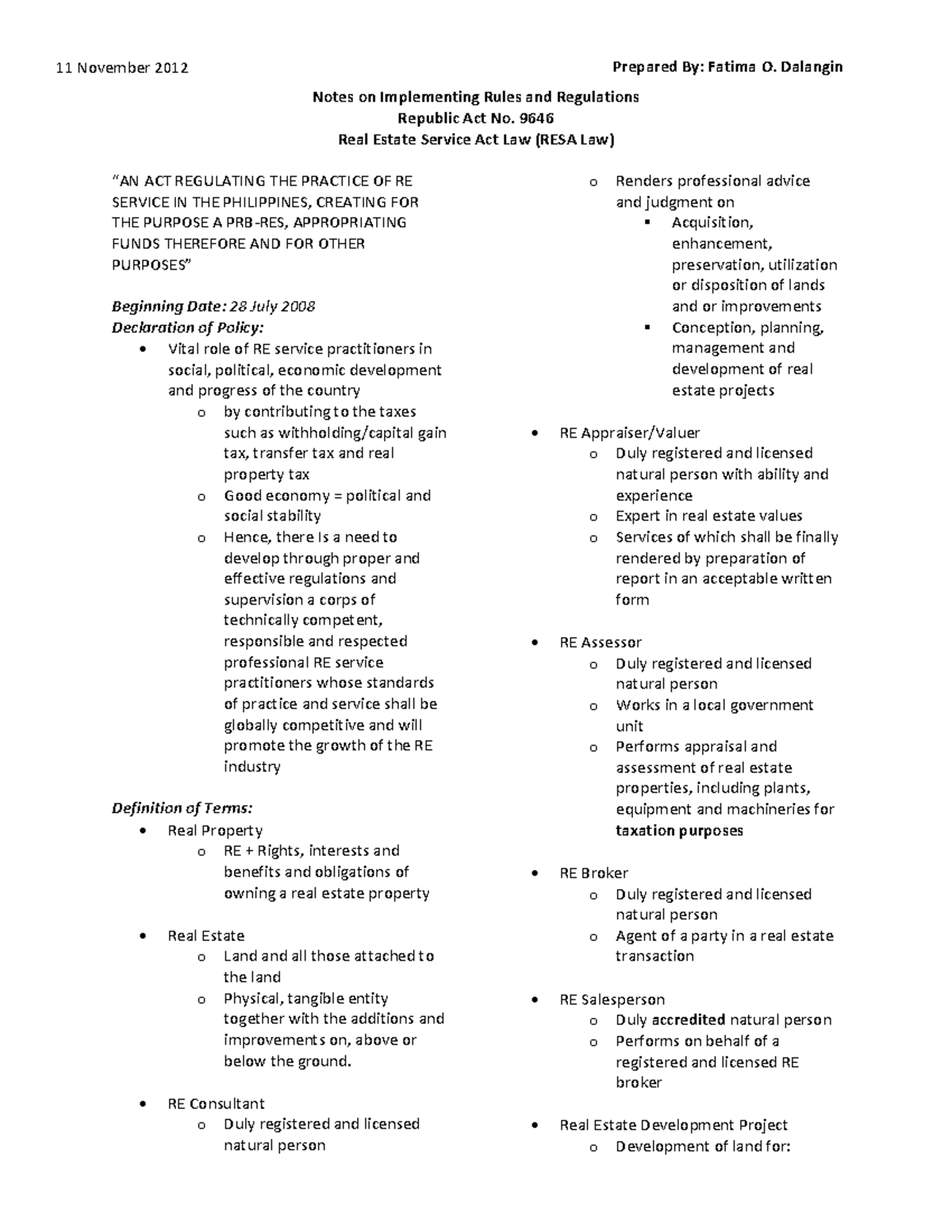 Real Estate RA 9646 RE 3010 GSU Studocu