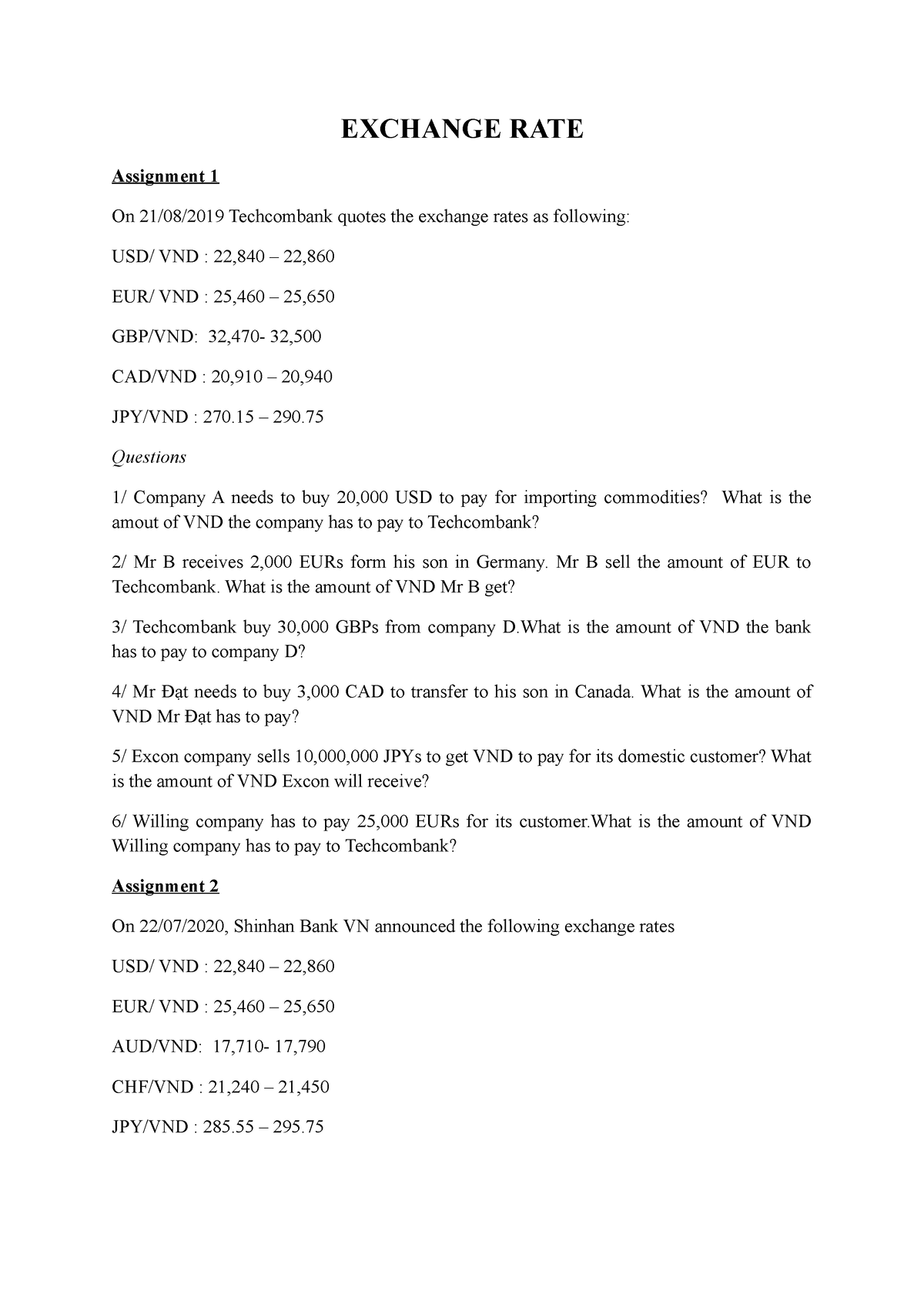 exercise rates assignment