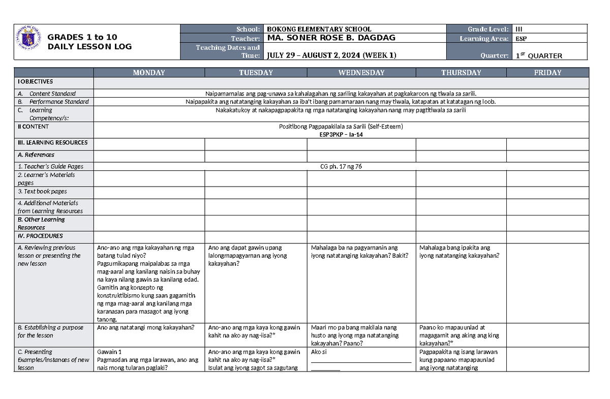 DLL ESP 3 Q1 W1 - English - GRADES 1 to 10 DAILY LESSON LOG School ...