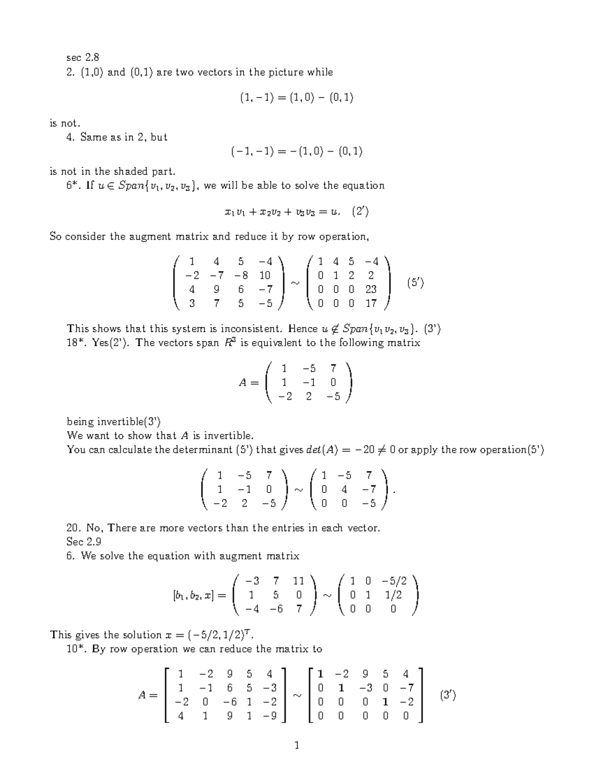 HW7 Ans Key - solutions to homework 7 - sec 2. (1,0) and (0,1) are two ...
