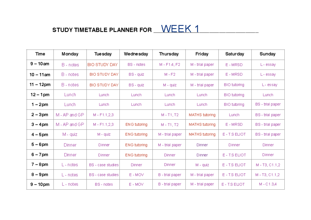 Week 1 - notes - SPAN 322 - STUDY TIMETABLE PLANNER FOR ...