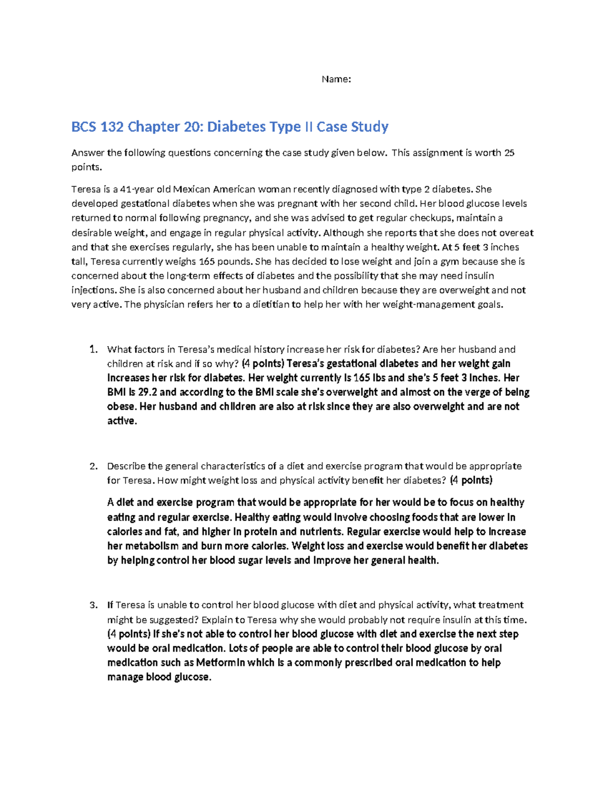 Unit 4 Chp 20 Diabetes Case Study-6 - Name: BCS 132 Chapter 20 ...