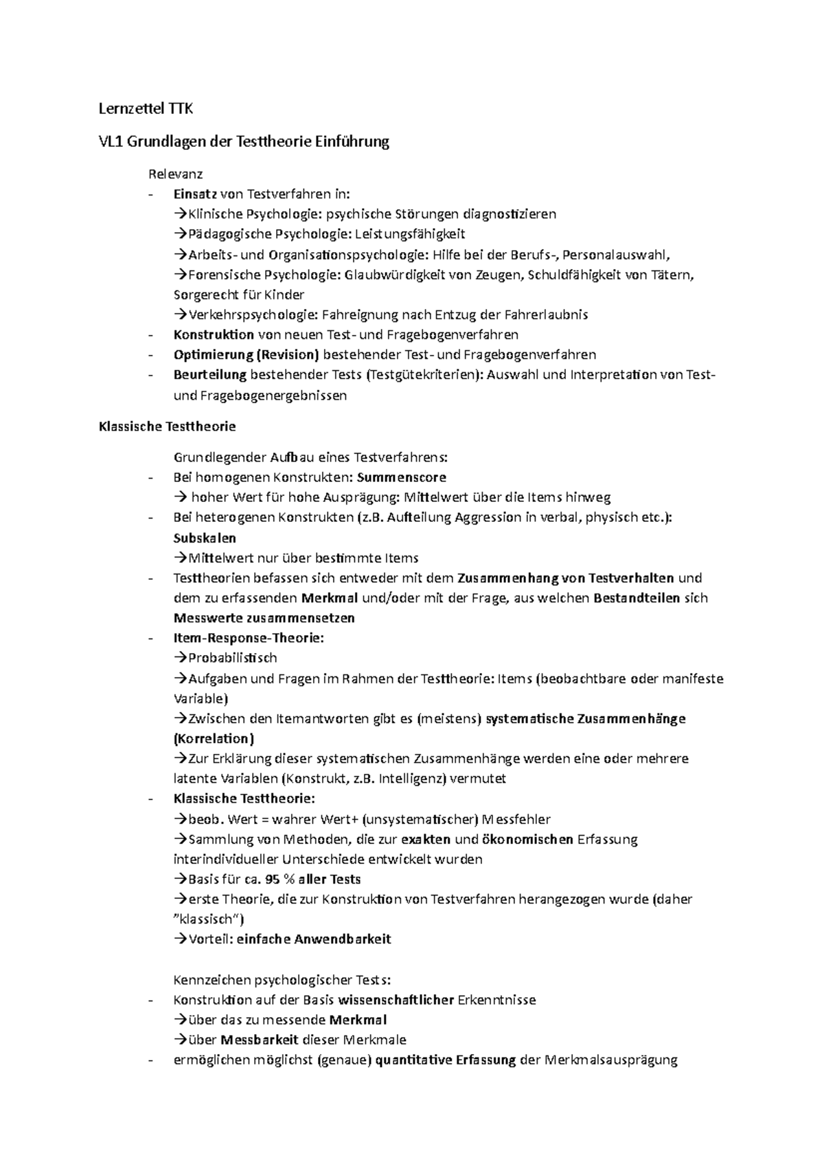 Lernzettel TTK - Zusammenfassung Testtheorie und Testkonstruktion ...
