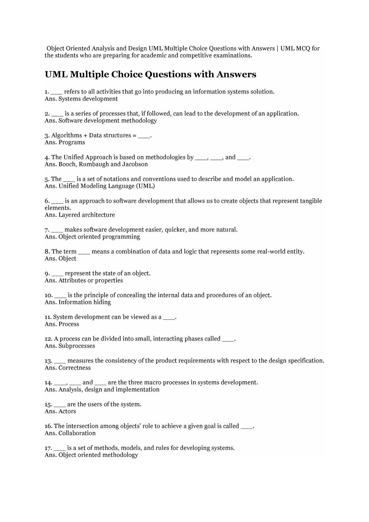 Object Oriented Analysis And Design UML Multiple Choice Questions - UML ...