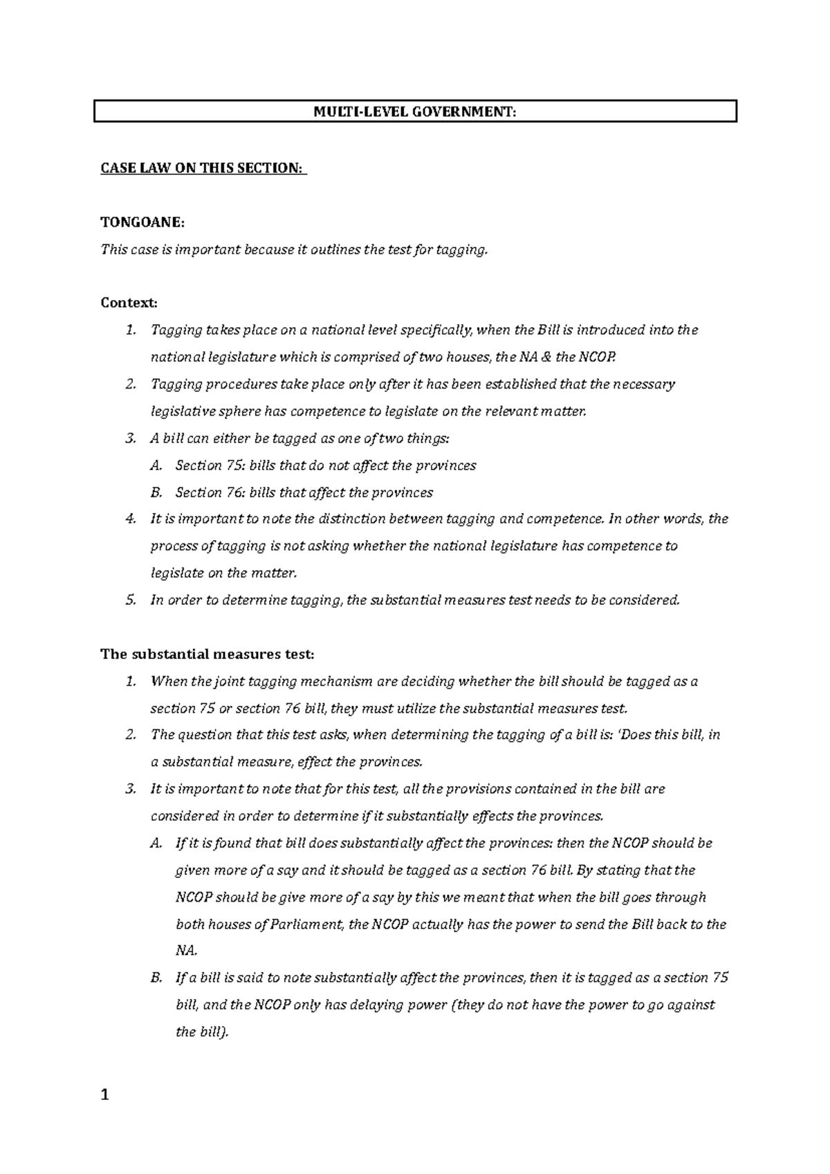 Multilevel Government MULTILEVEL GOVERNMENT CASE LAW ON THIS SECTION TONGOANE This case is