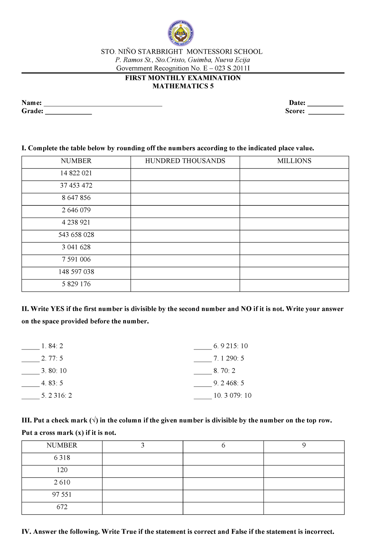 Math5 - Afafaf - Sto. NiÑo Starbright Montessori School P. Ramos St 