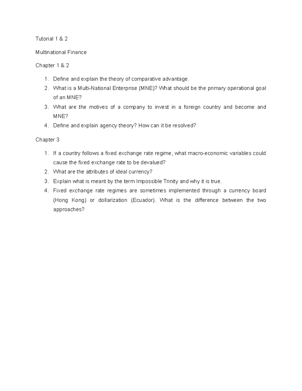 Tutorial 1 & 2 - Tutorial 1 & 2 Multinational Finance Chapter 1 & 2 ...