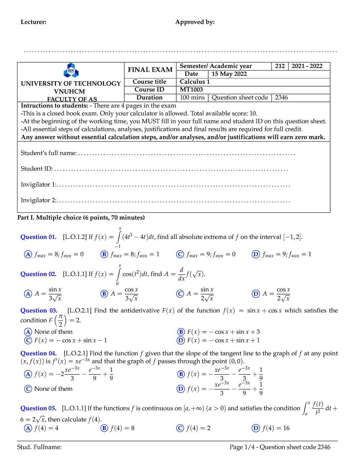 Sample Test For Final Exam Of Calculus 1 - Lecturer: Approved By: - Studocu