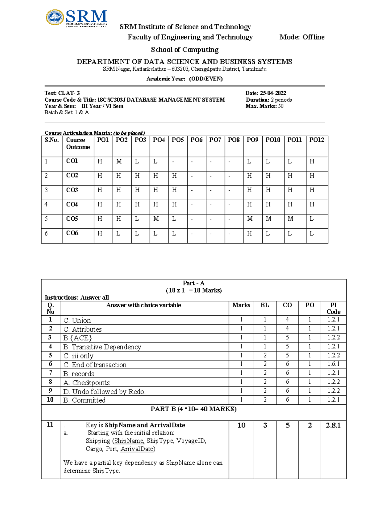 PRACTICE MCQS FOR UNIT 1 - SRM Institute of Science and Technology ...